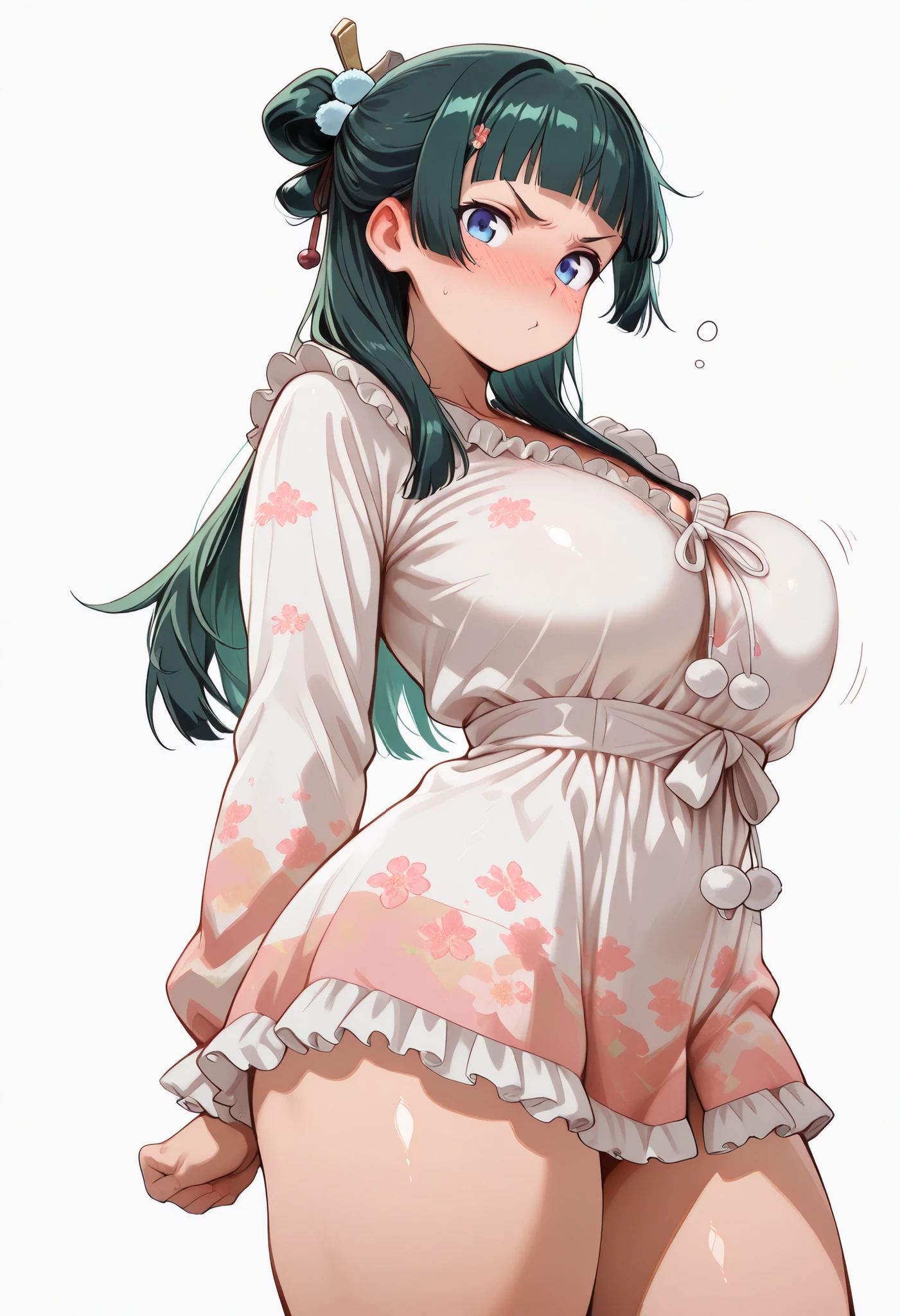 score_9, score_8_up, score_7_up, score_6_up, score_5_up, score_4_up, masterpiece, high quality, BREAK, 1girl, navel, midriff, rounded breasts, thick breasts, sfw, looking at viewer, nose blush, shiny legs, shiny body, shiny hair, clear skin, clear body,, large breasts, white background, simple background, thick thigh, thick thighs, standing, nice legs, solo, maomao, long hair, bangs, blue eyes, hair ornament, green hair, blunt bangs, freckles, hair bun, single hair bun, large breasts, pouting expression,,, COWBOY SHOT , LARGER BREASTS, hands behind on her, white background, empty background,, COVERED BREASTS,white dress, short dress, pom pom (clothes), floral print, frills
