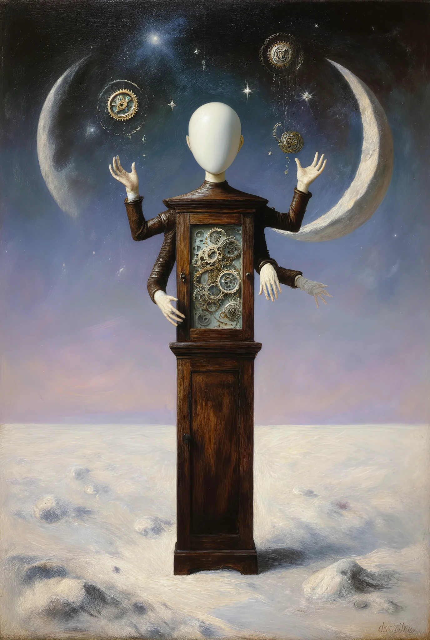 clscoilCE_style,surrealist oil painting, metaphysical landscape, intricate detail, poetic surrealism, soft celestial twilight, style of Siudmak and Magritte. A tall, slender being composed of polished, dark wood and porcelain, like a living artisan cabinet. Its face is a blank, smooth porcelain plate, but its chest is a transparent window revealing a complex orrery of orbiting, mismatched cogs and dying stars. With its many delicate hands, it is carefully placing floating, weightless gears into the air, where they hang and slowly turn, meshing with the gears of a vast, invisible mechanism. The landscape is a desert of white, powdered marble under a perpetual, twilit sky where two crescent moons face each other to form a perfect, impossible circle.