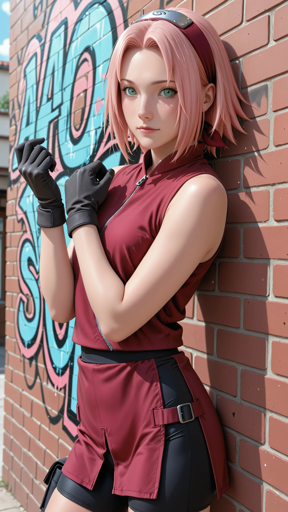 1girl, haruno sakura, pink hair, short, hair, green eyes, forehead protector
sleeveless, red shirt, bike shorts, shorts, black gloves,  a brick wall with graffiti at background 