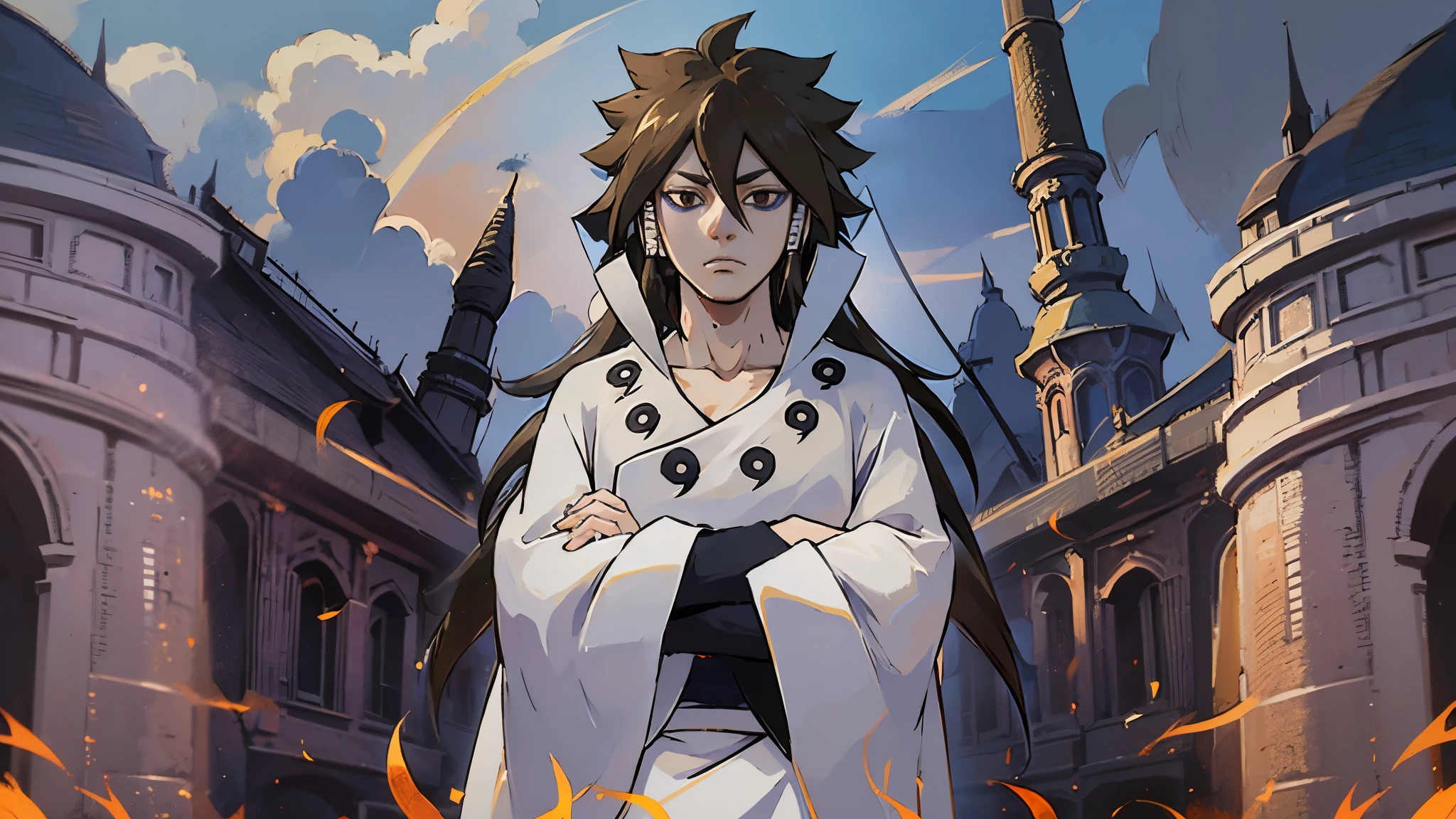 Indra, brown hair, black eyes, half of a village, arms crossed, white clothes, calm gaze.