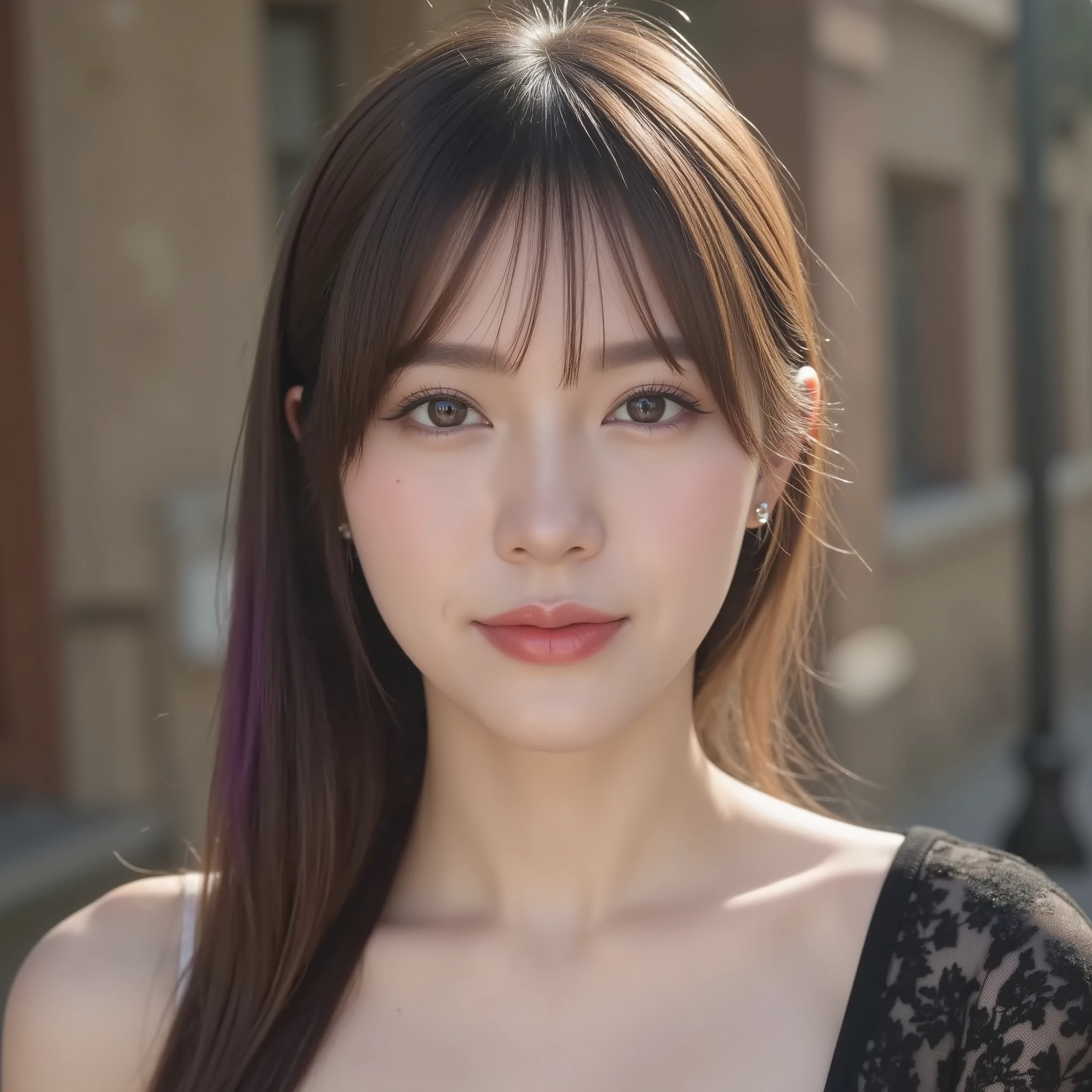 ( masterpiece:1.30, Surrender:1.5), ( Original photo:1.5), professional photo shooting, ( very detailed鮮明なフォーカス:1.5), Movie Lighting, (( full body shot without underwear:1.4)), BREAK, (Ultra-detailed beautiful faces:1.10), (Ultra-detailed beautiful slim body:1.9), 21 years old, ( very detailed:1.7), ( Cute Smiles:1.3), woman in the center of the image, BREAK, (very detailed, Symmetric, big brown eyes, Ultra-detailed eyelashes, Super Detailed Double Eyelids, 超細部まで美しく厚みのあるshiny唇 ), (beautiful歯), BREAK, (very detailed, white, is fine, shiny, adipose muscle:1.5), shiny skin , BREAK, (( ponytail, aSymmetric bangs , very detailed, beautiful, shiny hair:1.5), Light Brown Hair Mixed With Purple Hair , BREAK, ( perfect anatomy:1.10)), (bare hands, Barefoot:1.5), ( viewers:1.5), Thin Waist, BREAK, ((very detailed, beautiful upward-facing breasts, deep cleavage in F cup :1.4)), deep v-neck, BREAK, (( super tight costume that fits the skin ;1.8), small diamond earrings, small diamond necklace, BREAK, ( Ultra Sparkling Random Color Corset), (Ultra Detailed Luxury Embroidered Underwear :1.5), lingerie, nightdress ,