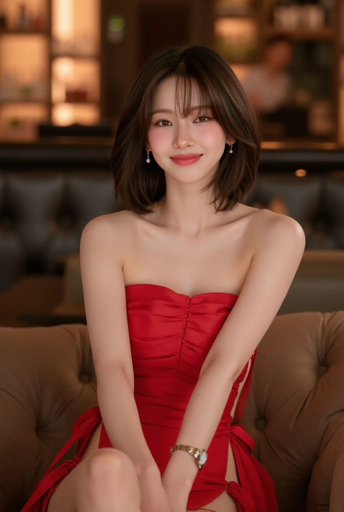 (((Top quality, 8K, Masterpiece: 1.3)), Beautiful girl, Pure, Melon face, feminine and cute, kind smile, Pure desire, Slender body, (Front), (Tilted head), ((Looking at camera) ), wearing an elegant red dress, black silky short bob hair, long flowing shoulders, round black big eyes, clear big eyes, moist red lips, sweet, sitting on a chair, cafe terrace background ,(((waist shot))),SFW, night Bokeh, Hair accessories, high_angle_shot)