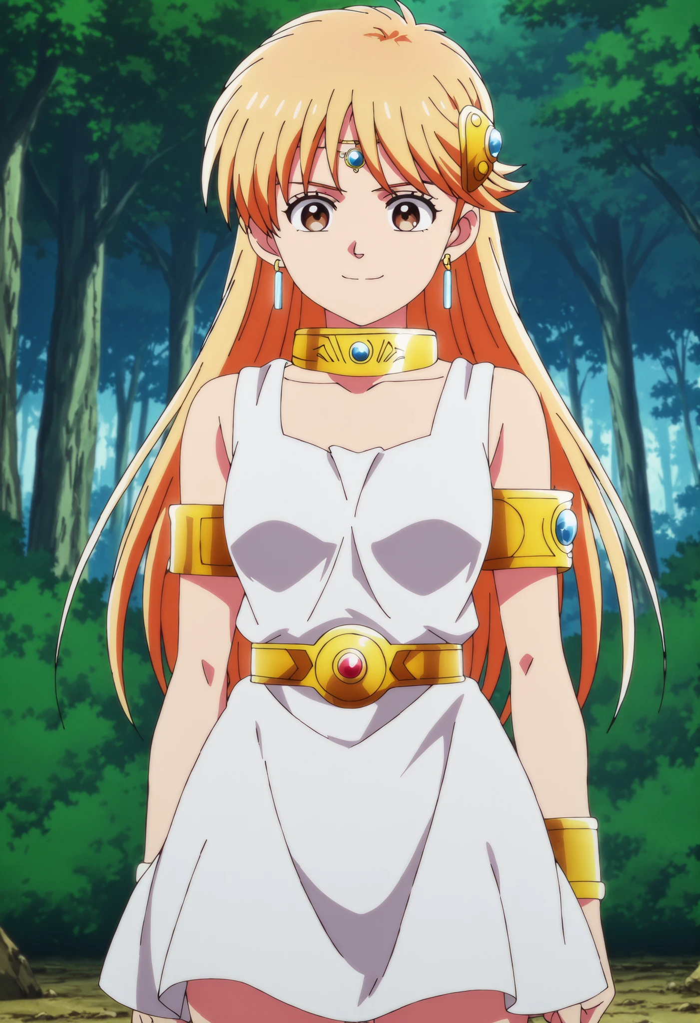 score_9, score_8_up, score_7_up,anime_screenshot,OFFICIAL ART,anime coloring,uncensored, official anime artwork, screencap, anime screencap,BREAK,1girle,solo,Leona, ginger blonde hair, long hair, brown eyes, BREAK,hair ornament, earrings, white dress, golden collar, golden armband,BREAK,small smile,BREAK,standing,BREAK,cowboy shot,front view,BREAK,fantasy world,outdoor,forest