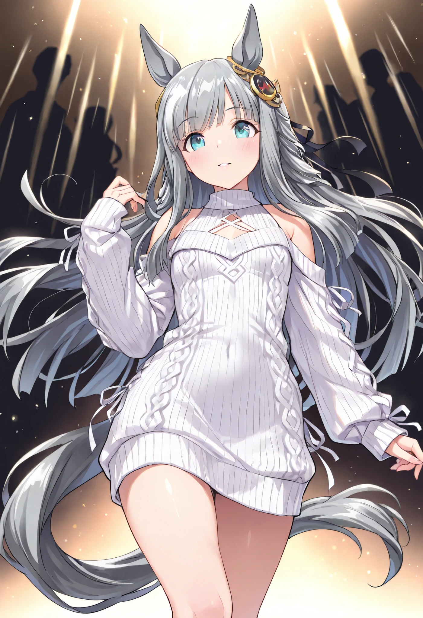 (masterpiece, best quality, perfect face:1.4), wide angle, chrono genesis\(umamusume\), 1girl, floating hair, horse ears, ear ornament, tail on the lower back, horse tail, proportional body, proportional,1 girl, beautiful hair, beautiful face, beautiful detailed eyes, beautiful clavicle, beautiful body, beautiful chest, beautiful thigh, beautiful legs, beautiful fingers, BREAK //Fashions Laced Innocence Sweater Dress High-neck sleeveless sweater dress with circular chest cutout and lace-up sides that expose glimpses of smooth skin, Small ribbon bow ties secure each lace section, adding delicate contrast to knitted material, Skirt hem trimmed with scalloped knit pattern, rising flirtatiously with movement, Matching fingerless knit cuffs extend past wrists, BREAK enhancing cozy yet revealing appeal, The silhouette combines warmth, Elegance, and irresistible intimacy BREAK , realistic skin, textured skin, HDR, good hands,