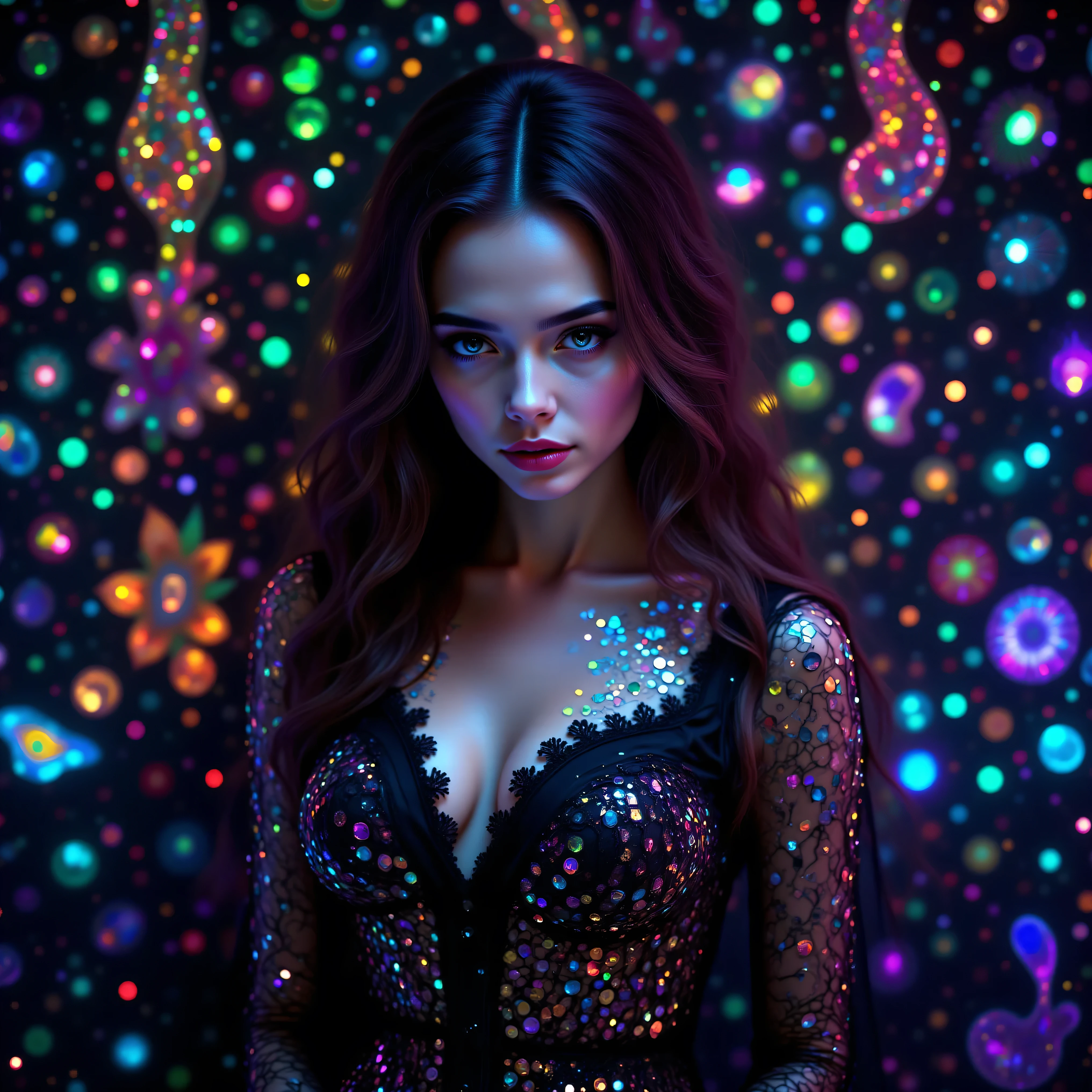 A gorgeous young woman with porcelain features and very long wavy brown hair wearing a dress made of black silk and satin with mirrors set in patterns of interwoven designs that reflect light everywhere and brighten the surrounding darkness with vibrant colors and light that dances over the walls and ceiling. It illuminates the woman's face and skin in patterns of light emerging from the mirror embroidery and the woman and her dress glow with color and energy and the highest level of photons are blasted over everything we can see. Psychedelic light in patterned designs that is complex and intricate artwork with the viewer seeing something never seen before. Ultra-realistic, ultra-bright, ultra-illuminating, ultra-detailed, physically-based rendering, 3D rendered realism, UHDR, hyperrealistic, startling presence of light and colors, photo-realistic, cinematic photography, cinematic portrait, portrait photography, cinematography, realism, best quality artwork, Stunning images, awe-inspiring images, professional masterpiece.