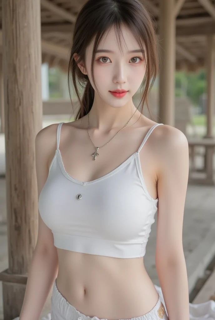 ((Realistic lighting, top quality, 8k, masterpiece: 1.3)), clear focus: 1.2, 1 girl, Perfect body: 1.4, slim abs: 1.1, (((dark brown hair)), (White tube top: 1.4), (outdoor, night: 1.1), street, Super face slimming, Narrow your eyes, double eyelids,