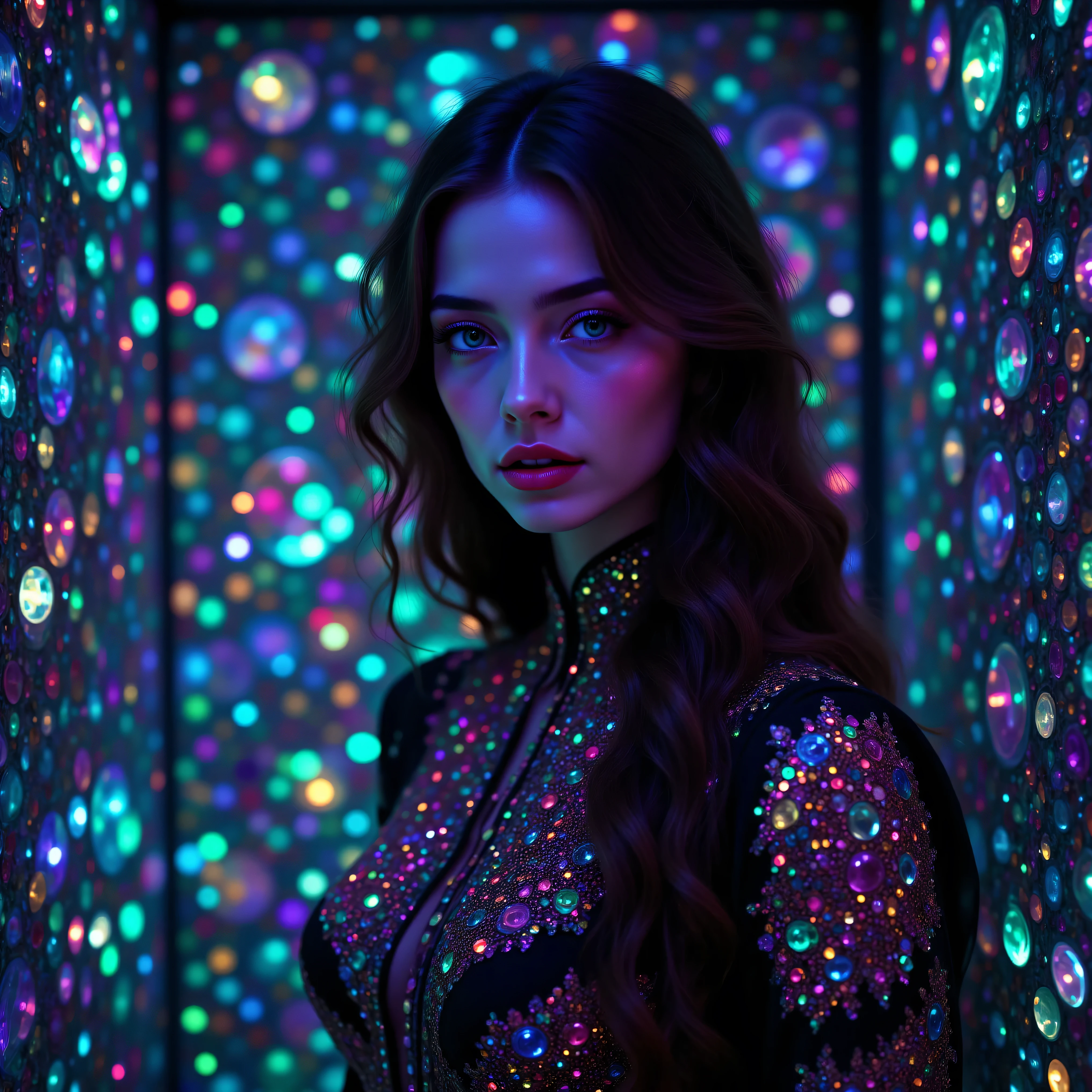 A gorgeous young woman with porcelain features and very long wavy brown hair wearing a dress made of black silk and satin with mirrors set in patterns of interwoven designs that reflect light everywhere and brighten the surrounding darkness with vibrant colors and light that dances over the walls and ceiling. It illuminates the woman's face and skin in patterns of light emerging from the mirror embroidery and the woman and her dress glow with color and energy and the highest level of photons are blasted over everything we can see. Psychedelic light in patterned designs that is complex and intricate artwork with the viewer seeing something never seen before. Ultra-realistic, ultra-bright, ultra-illuminating, ultra-detailed, physically-based rendering, 3D rendered realism, UHDR, hyperrealistic, startling presence of light and colors, photo-realistic, cinematic photography, cinematic portrait, portrait photography, cinematography, realism, best quality artwork, Stunning images, awe-inspiring images, professional masterpiece.