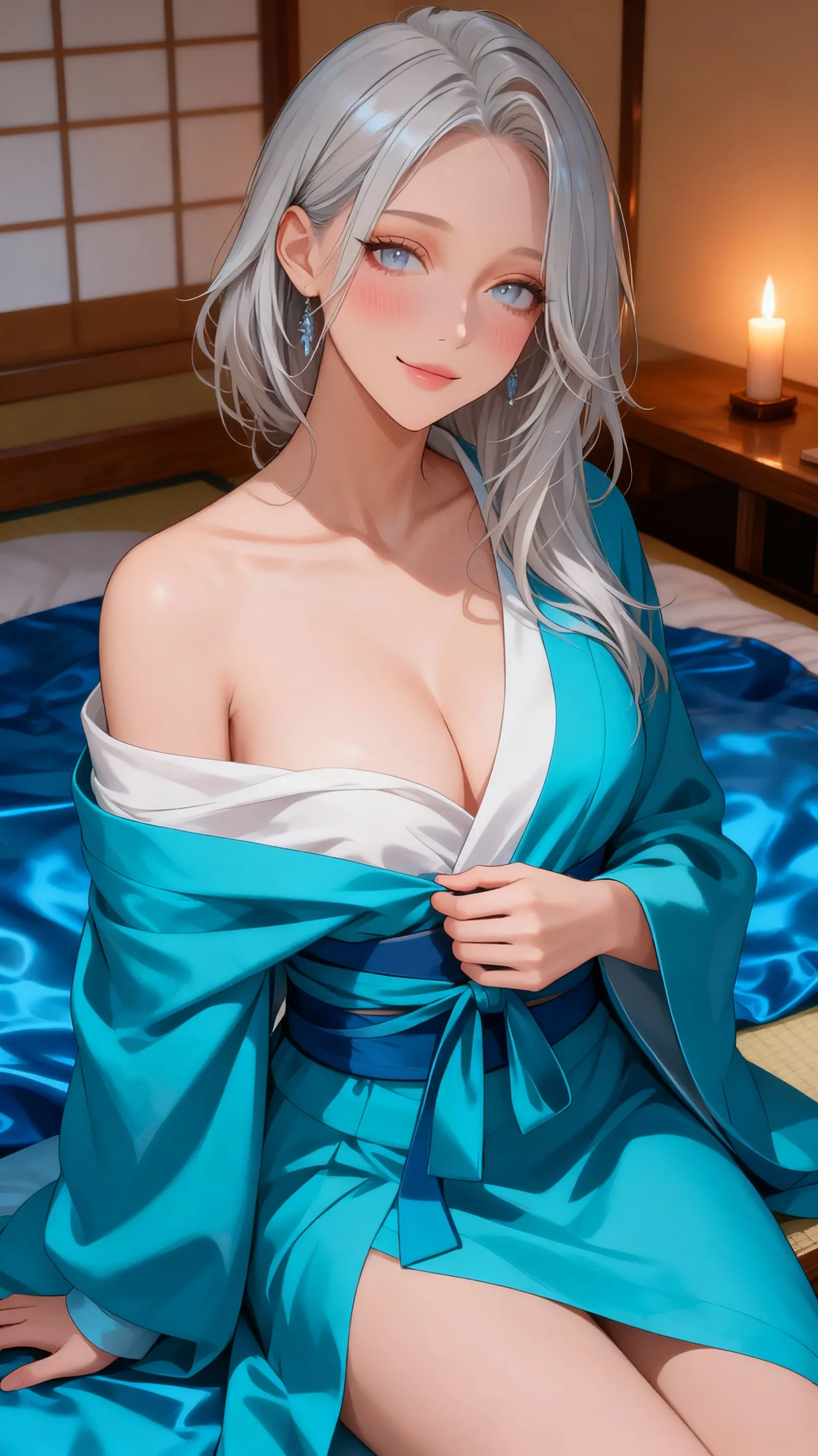 Cabello largo plateado, ojos verdes, furisode, sonrisa, happy, , muslos hermosos, inside house