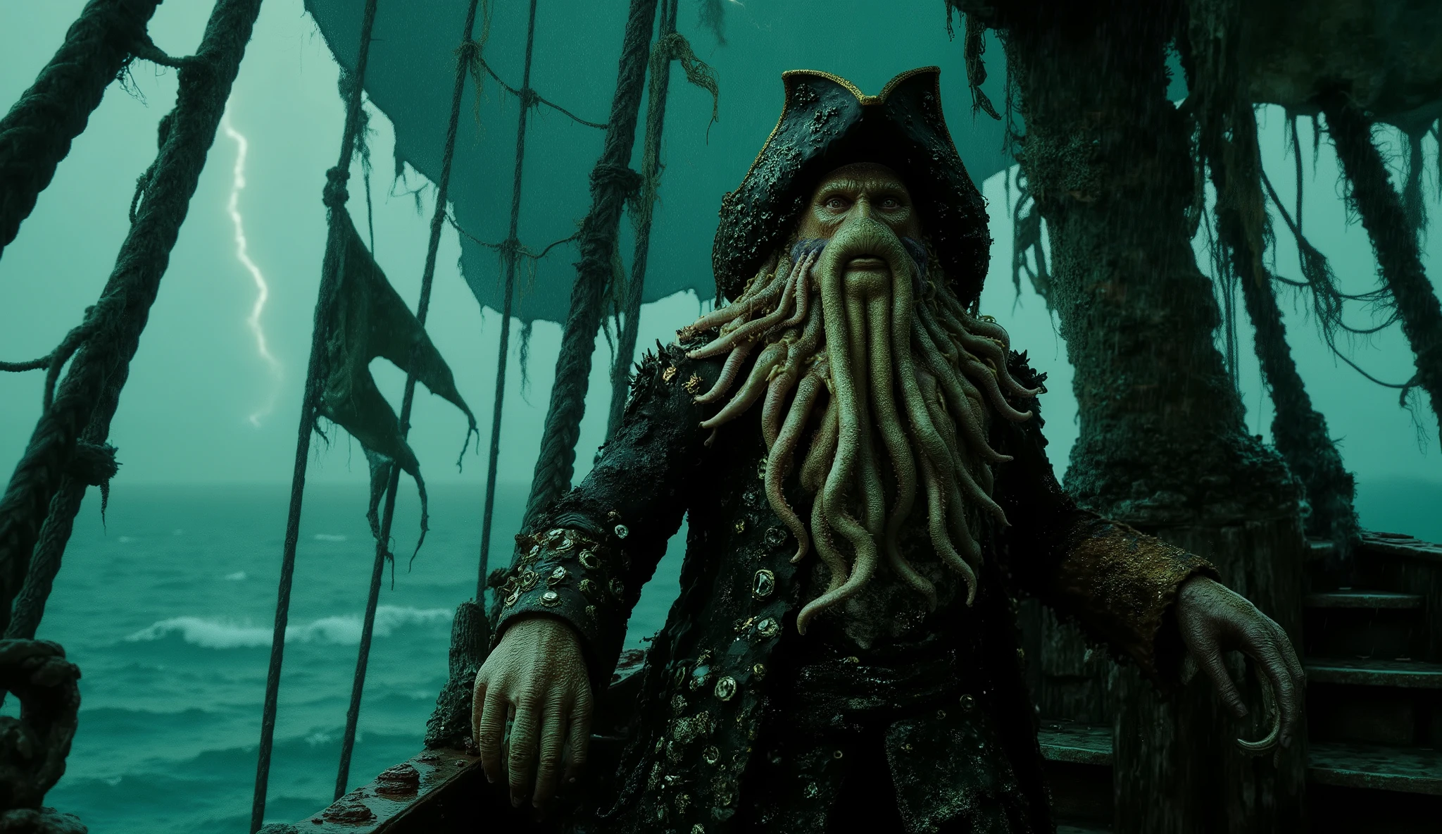 A dramatic low-angle shot of Davy Jones, standing ominously on the weathered deck of the Flying Dutchman, exuding an aura of absolute dominance and terror. His tentacle beard writhes and coils as if alive, reacting to the howling sea winds. His piercing, inhuman eyes glow with an eerie intensity, locked in a menacing glare that instills fear in all who dare oppose him. His crustacean-clawed hand grips the ship’s barnacle-encrusted wooden rail, his massive frame partially silhouetted against the storm-ridden sky.
The greenish glow of the ship’s cursed lanterns flickers unevenly, casting twisting shadows over his grotesque, sea-worn features. His mottled, barnacle-covered skin, riddled with the textures of the deep, glistens under the relentless downpour. The sound of thunderous waves crashing against the ship’s hull fills the air, as rain pelts down mercilessly, bouncing off the wooden planks and soaking his long, tattered coat.
Above, lightning arcs across the sky, briefly illuminating the towering, rotted sails of the Flying Dutchman, their ghostly fabric flapping violently in the storm. The ship groans under the weight of its dark curse, the deck swaying with the raging sea, yet Davy Jones stands unmoved—a nightmare given form, the very embodiment of the ocean’s wrath.