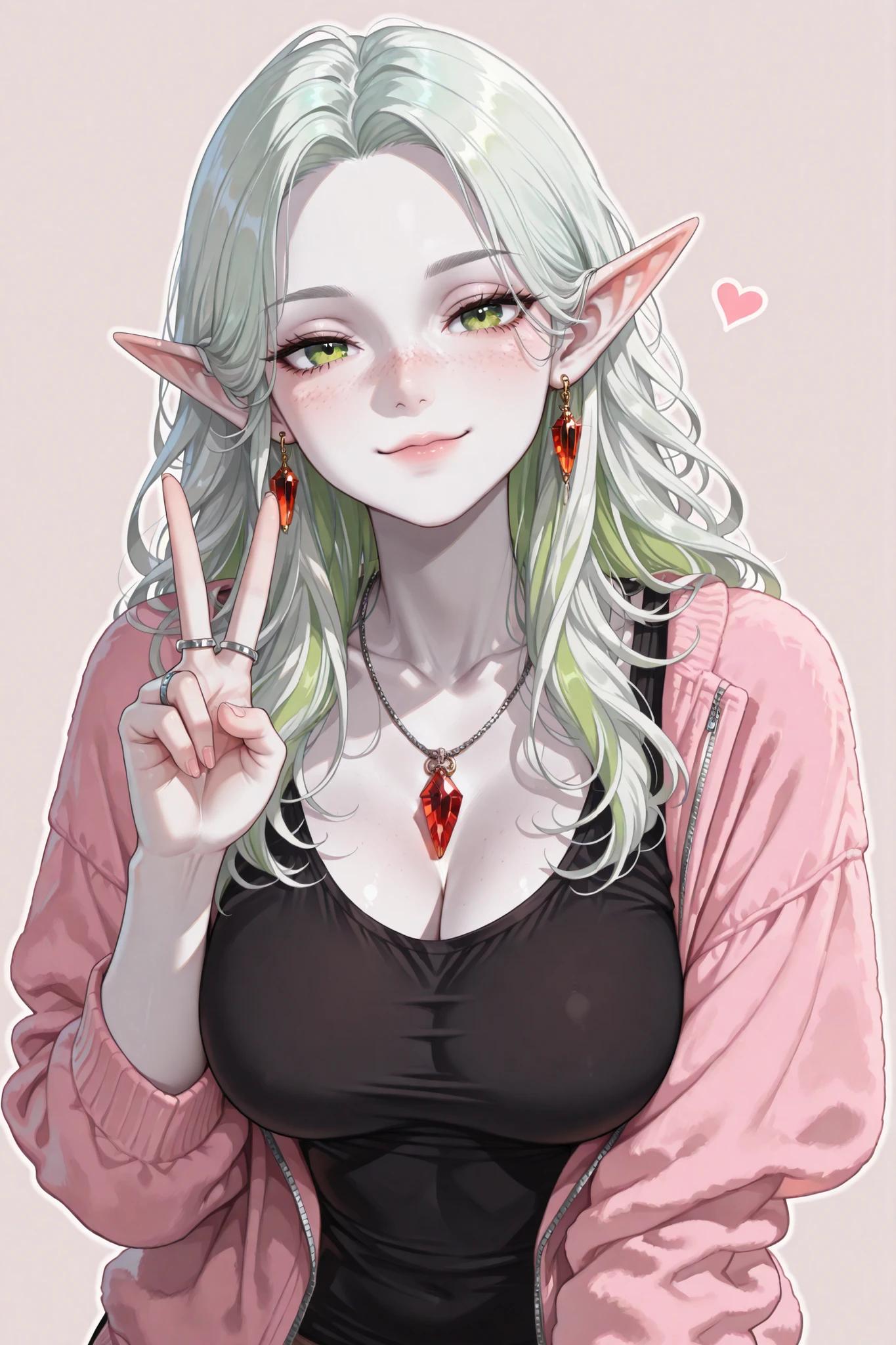 (masterpiece), best quality, expressive eyes, perfect face,1 girl, young woman, short hairs, gold eyes, looking at viewer, cowboy shot, seductive pose, serious, medium breasts, (( black t shirt, pink fleece, earring, silver rings, ruby ring, single necklace with red crystal, oversized, asymmetrical, peace sign, upper body, mid shot, from view, looking at viewer, pointy ears)), (( green eyes, white hairs with green highlights, freckles, long hairs, smiling, seductive eyes, pale white skin, big breasts, parted hairs)), (plain background), semi realistic, Balletcore, white outline, standing