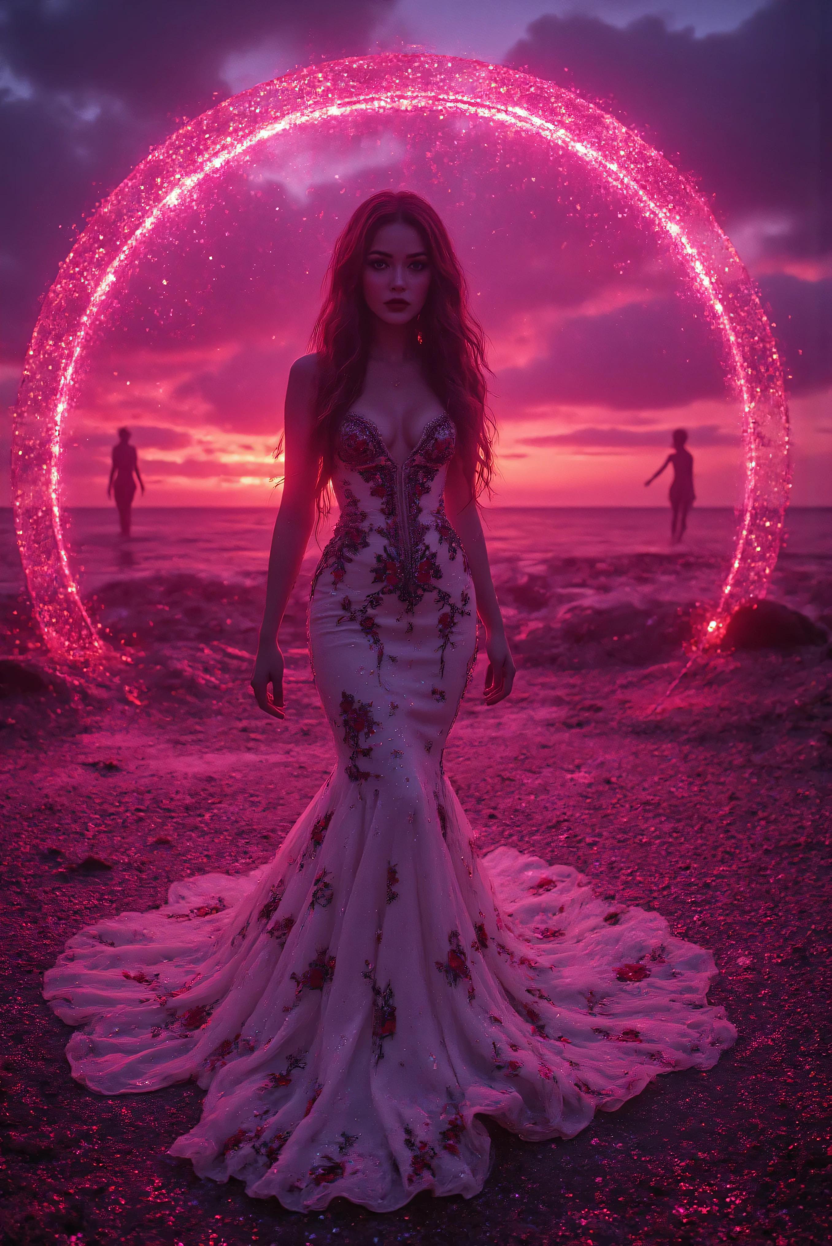 N ultraattractive young woman with very long wavy brown hair wearing a white silk mermaid-style dress with a sweeping train and black and red embroidered floral patterns surrounded by a circle of hot pink ultra brightness that swirls around her amidst neon multicolored glitter that rains down and reflects across her and the ground. Haunting dark shadows of demons can be seen hiding in the background behind her and off to the sides. They are menacing darkened figures with eyes barely noticeable. Ultra-realistic, photorealistic, cinematic photography, cinematic portrait, portrait photography, cinematic lighting and shadows, 8k, high-res, best quality, vivid colors, and whimsical details of the surreal atmosphere, experimental art, and extreme psychedelic psychotrance artwork, wired weirdcore, beautiful model, dramatic poses, striking presence, beautiful piercing eyes, pale skin, dark makeup, and expressive realistic facial features, intricate details of the highest quality, textured skin and hair, heavy cleavage, and deeo red and purple billowing cumulus clouds in front of the setting sun. Cinematography, Conceptual Art, Fujicolor, Super Saturated Colored clouds, and sunset.