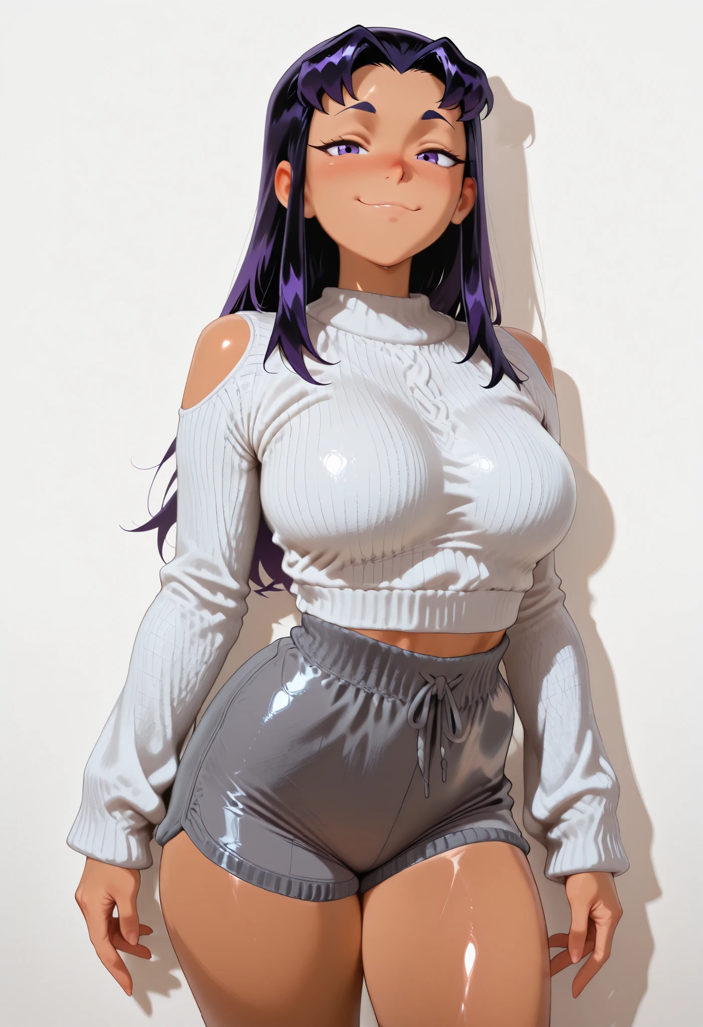masterpiece, better quality,
one girl, Alone, blackfire_(/Teen Titans in Action)/, tanned skin,, very detailed skin Blush,, smile, looking at viewer, nose blush, shiny legs, shiny body, shiny hair, clear skin, clear body,, thick thigh,,, thick thighs,, female,,, looking at viewer,,,,,, LARGE BREASTS,, standing,, STANDING UPRIGHT, COWBOY SHOT, SOLO, looking at viewer, shiny skin, shiny hair, shiny body, clear body, nose blush, BREAST FOCUS, POSING,, DYNAMIC POSE, NICE LEGS, COWBOY SHOT, cowboy shot, NOSE BLUSH,. , white background, dynamic pose,, opaque clothes, ,,, white background, dynamic pose,, , COWBOY SHOT, nice legs,, thick thigh, dynamic pose,white sweater, grey shorts, shoulder cutouts