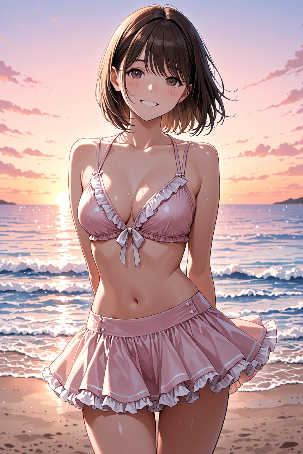 masterpiece, Highest quality, High resolution, Very detailed,(((Kaho Komiya))), (((White Lingerie))), (((smile))), Beach at night