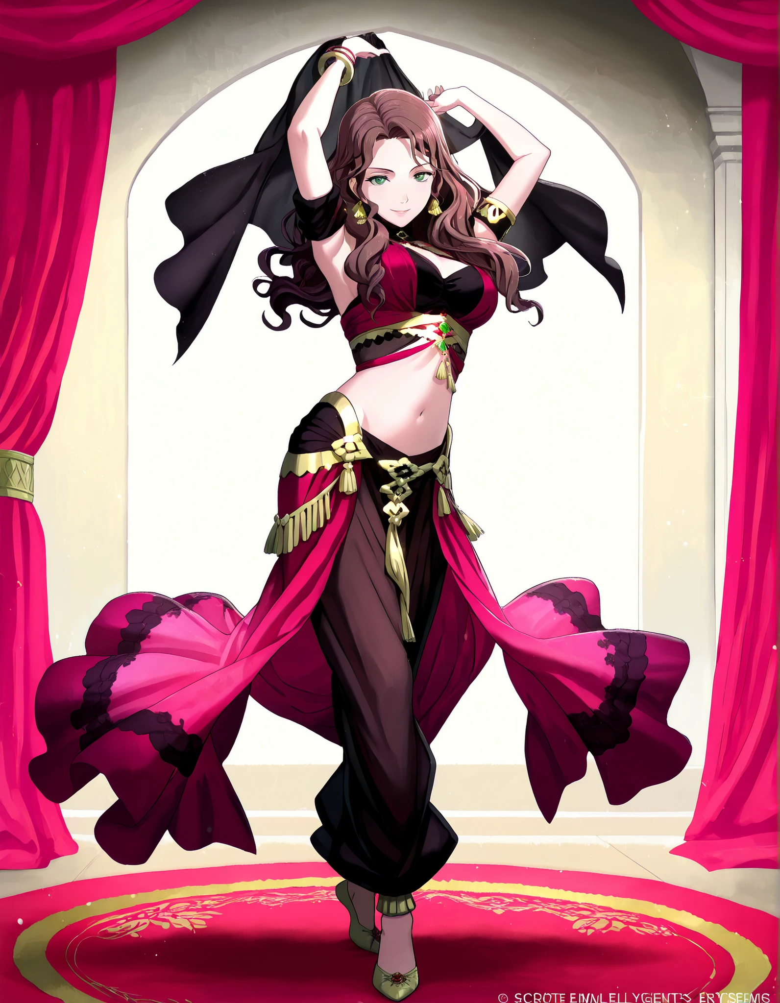 (1girl:1 . 5) , (Seul:1 . 5) , score_9 , score_8_haut , score_7_haut , source_anime , Official work , ultra-detailed , masterpiece , best quality , high resolution , beaux yeux , detailed eyes , Detailed face , beautiful detailed eyes,1girl,long hair, curly hair, brown hair, bangs, green eyes,Fire Emblem,Dorothea Arnault,Arabian Clothes , Arabian Dancer Outfit ,belly dancer costume,belly dancer outfit ,full body,golden jewelery,armlet, belly dancing,arabian theater,seductive smile, dancing with veil, dynamic movement,dance posture, seductive pose