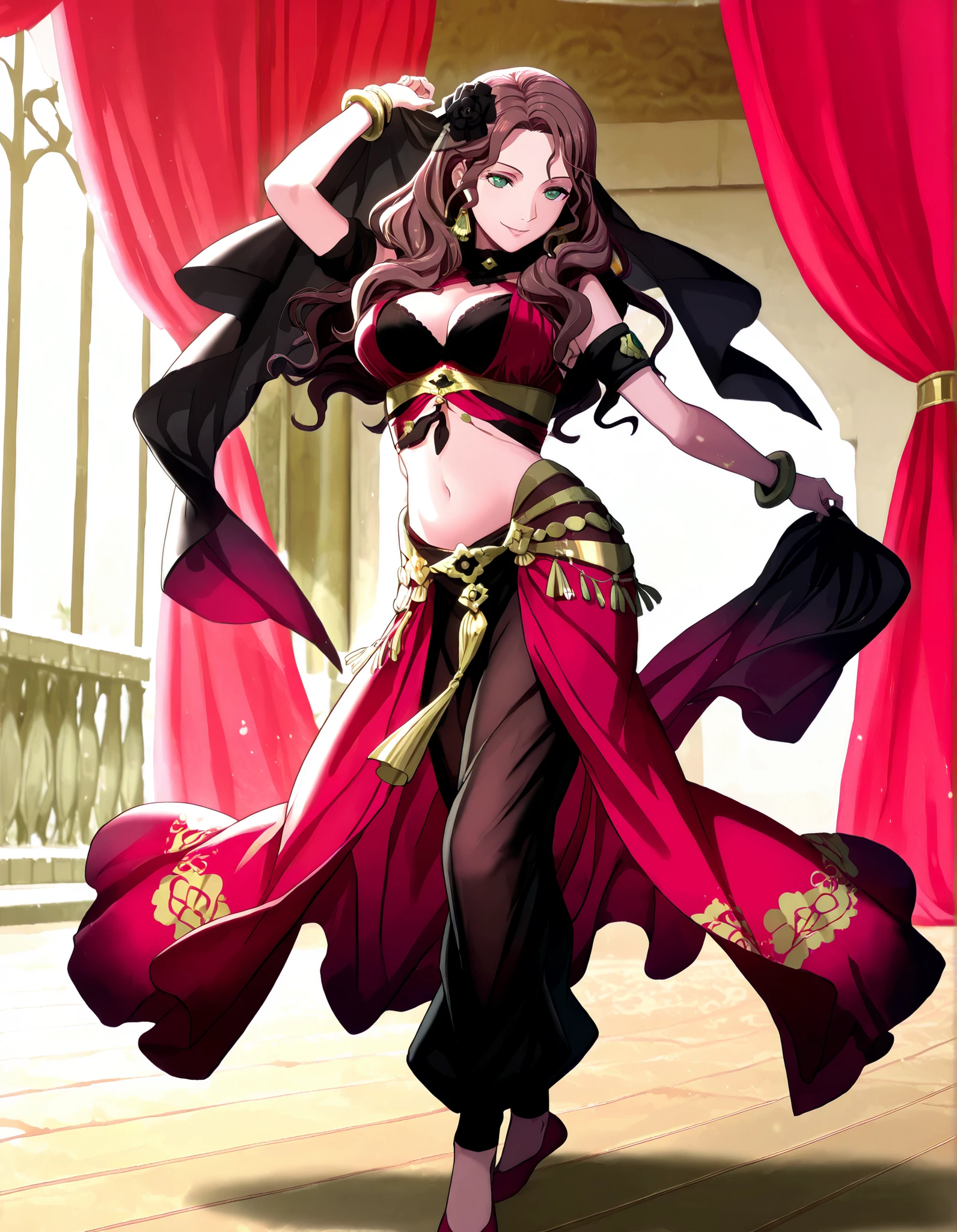 (1girl:1 . 5) , (Seul:1 . 5) , score_9 , score_8_haut , score_7_haut , source_anime , Official work , ultra-detailed , masterpiece , best quality , high resolution , beaux yeux , detailed eyes , Detailed face , beautiful detailed eyes,1girl,long hair, curly hair, brown hair, bangs, green eyes,Fire Emblem,Dorothea Arnault,Arabian Clothes , Arabian Dancer Outfit ,belly dancer costume,belly dancer outfit ,full body,golden jewelery,armlet, belly dancing,arabian theater,seductive smile, dancing with veil, dynamic movement,dance posture, seductive pose