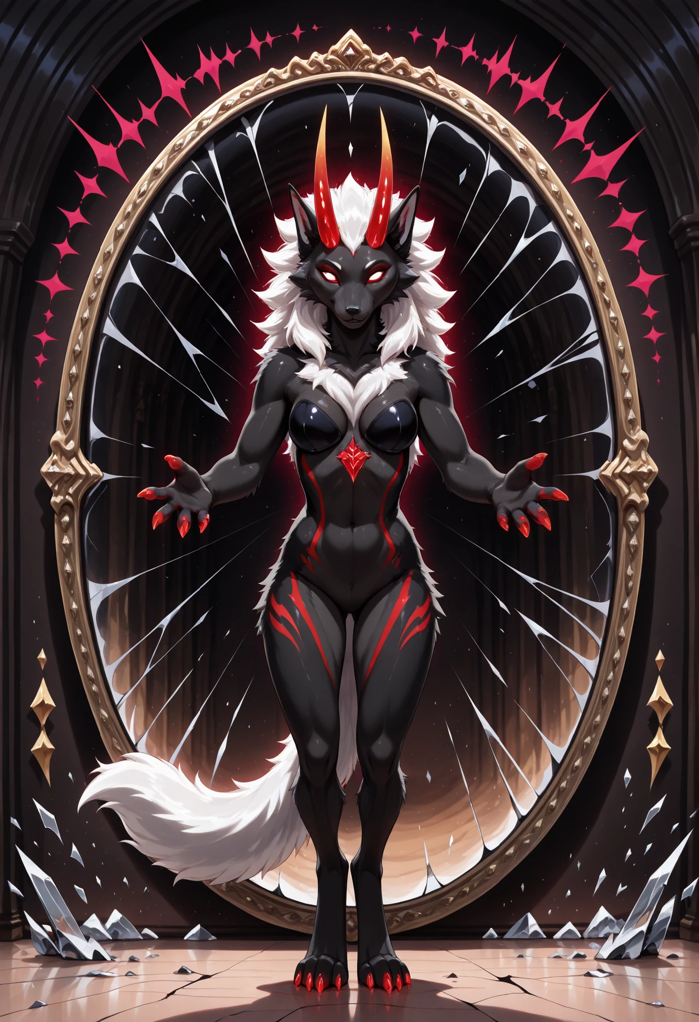 sharrax, ((((feral)))), ((female)), straight glowing horns,red glowing eyes without pupils, red glowing claws, pitch black body fur, luminous white mane, luminous white-black tail,abstract painting, 8K resolution, High detail, Realistic fur texture,
((high_quality)), ((Super_Detailed)), ,anime style, flat color style, mirror temptress, (medium close up:1.2), high quality, detailed, professional look, masterpiece, dramatic supernatural lighting, female, (standing before cracked mirror:1.5), large crack in mirror, (mirror image reaching out:1.4), temptress hand breaking through, hand slightly glowing, real girl looking startled, mirror image with seductive yet menacing smile, luxurious dark room background, deep shadows, cold light on real girl, warm seductive glow from mirror crack, shattered glass effect, boundary disruption, magical energy leaking, purple and crimson color scheme