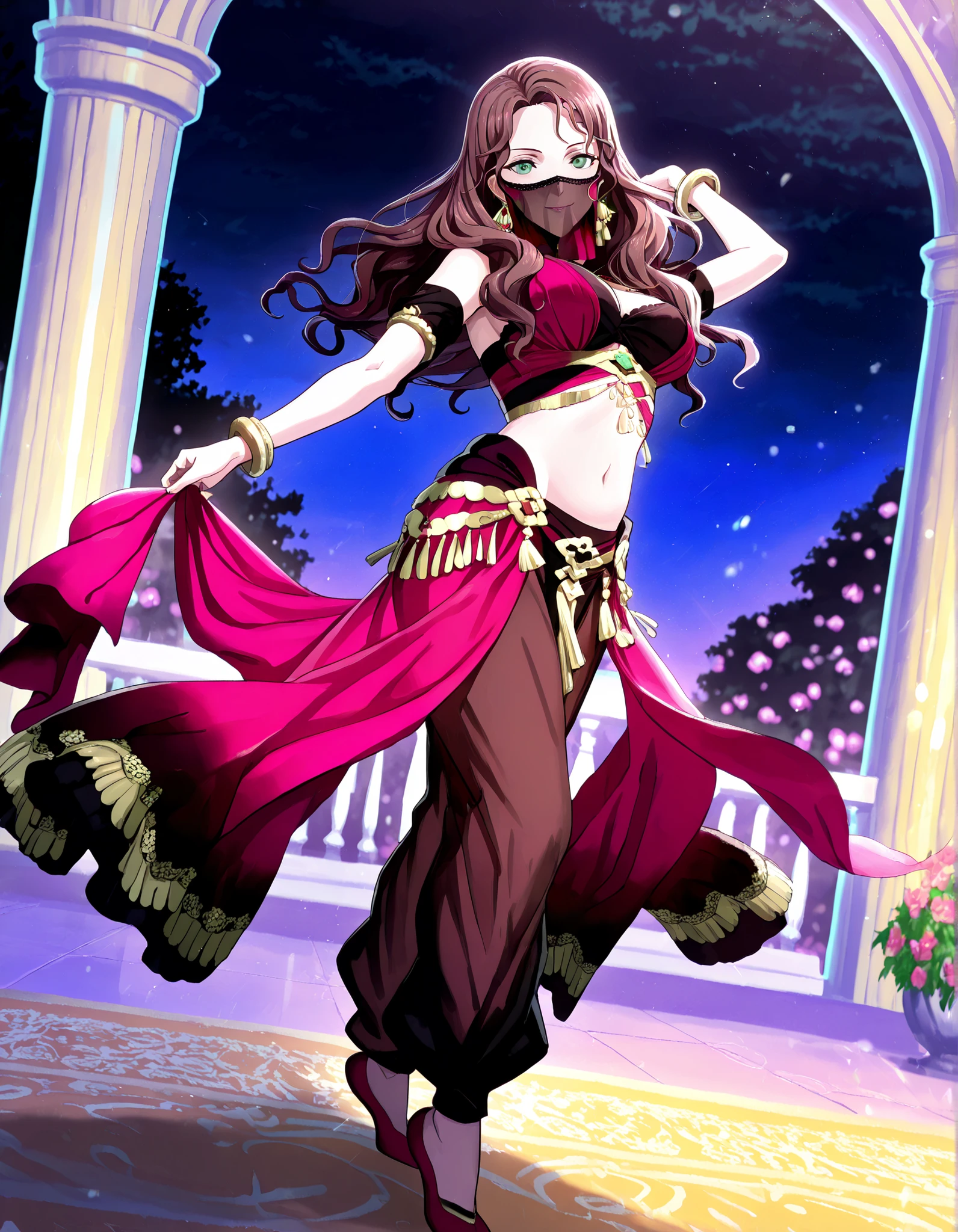 (1girl:1 . 5) , (Seul:1 . 5) , score_9 , score_8_haut , score_7_haut , source_anime , Official work , ultra-detailed , masterpiece , best quality , high resolution , beaux yeux , detailed eyes , Detailed face , beautiful detailed eyes,1girl,long hair, curly hair, brown hair, bangs, green eyes,Fire Emblem,Dorothea Arnault,Arabian Clothes , Arabian Dancer Outfit ,belly dancer costume,belly dancer outfit ,full body,golden jewelery,mouth veil,armlet, belly dancing,night,arabian garden,seductive smile, dancing with veil, dynamic movement,dance posture, seductive pose