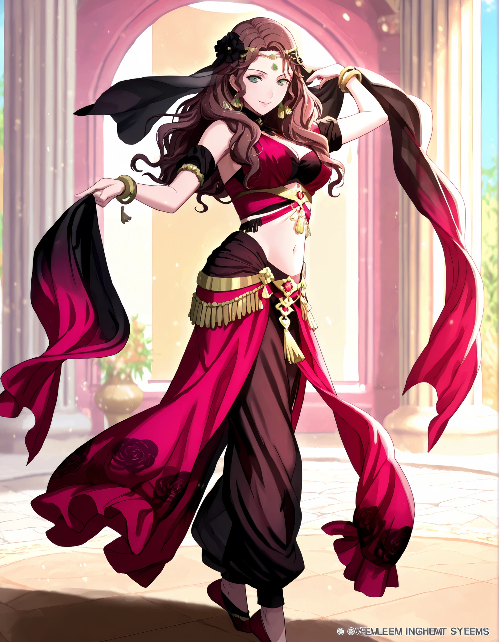 (1girl:1 . 5) , (Seul:1 . 5) , score_9 , score_8_haut , score_7_haut , source_anime , Official work , ultra-detailed , masterpiece , best quality , high resolution , beaux yeux , detailed eyes , Detailed face , beautiful detailed eyes,1girl,long hair, curly hair, brown hair, bangs, green eyes,Fire Emblem,Dorothea Arnault,Arabian Clothes , Arabian Dancer Outfit ,belly dancer costume,belly dancer outfit ,full body,golden jewelery,armlet, belly dancing,arabian garden,seductive smile, dancing with veil, dynamic movement,dance posture, seductive pose