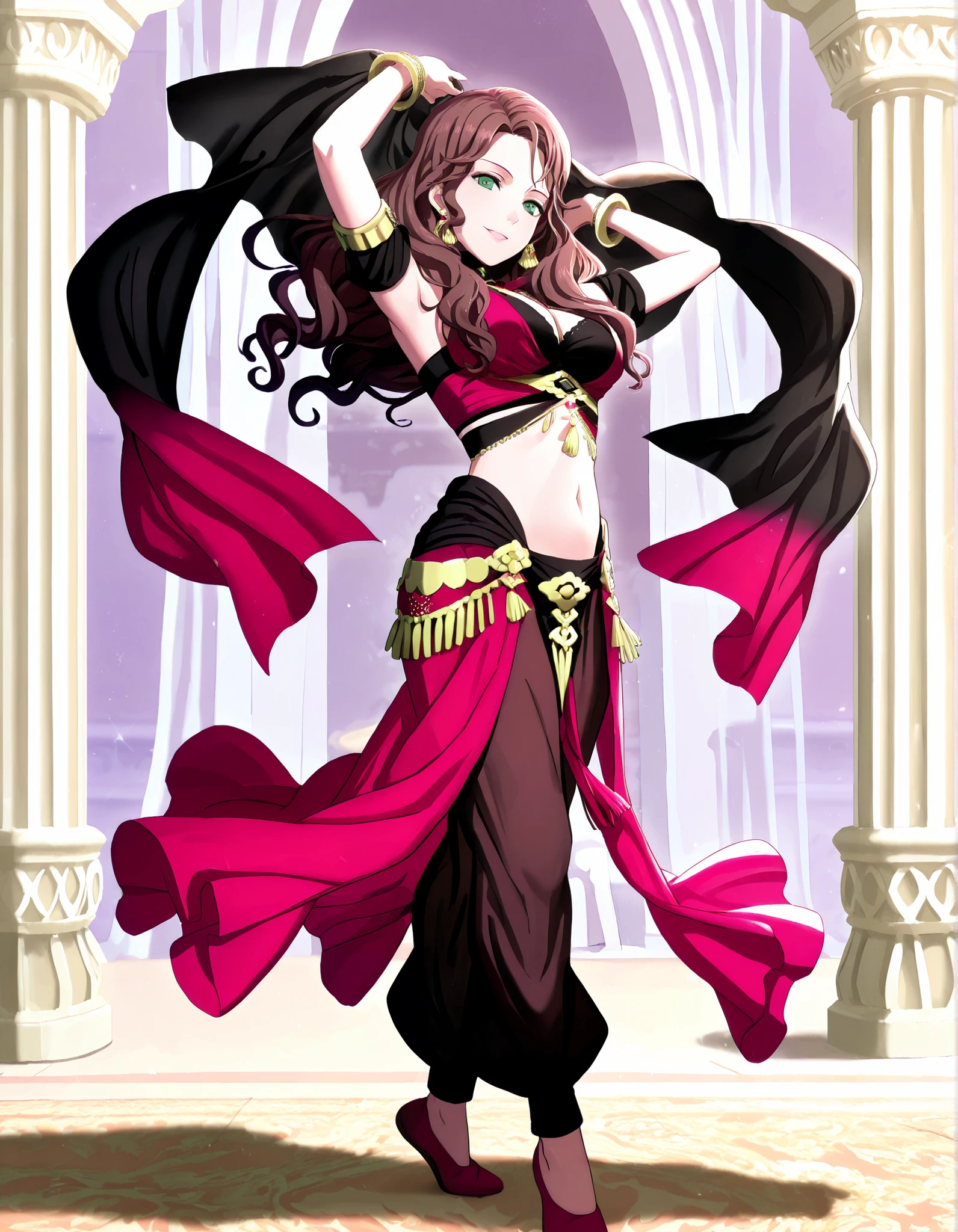 (1girl:1 . 5) , (Seul:1 . 5) , score_9 , score_8_haut , score_7_haut , source_anime , Official work , ultra-detailed , masterpiece , best quality , high resolution , beaux yeux , detailed eyes , Detailed face , beautiful detailed eyes,1girl,long hair, curly hair, brown hair, bangs, green eyes,Fire Emblem,Dorothea Arnault,Arabian Clothes , Arabian Dancer Outfit ,belly dancer costume,belly dancer outfit ,full body,golden jewelery,armlet, belly dancing,arabian garden,seductive smile, dancing with veil, dynamic movement,dance posture, seductive pose