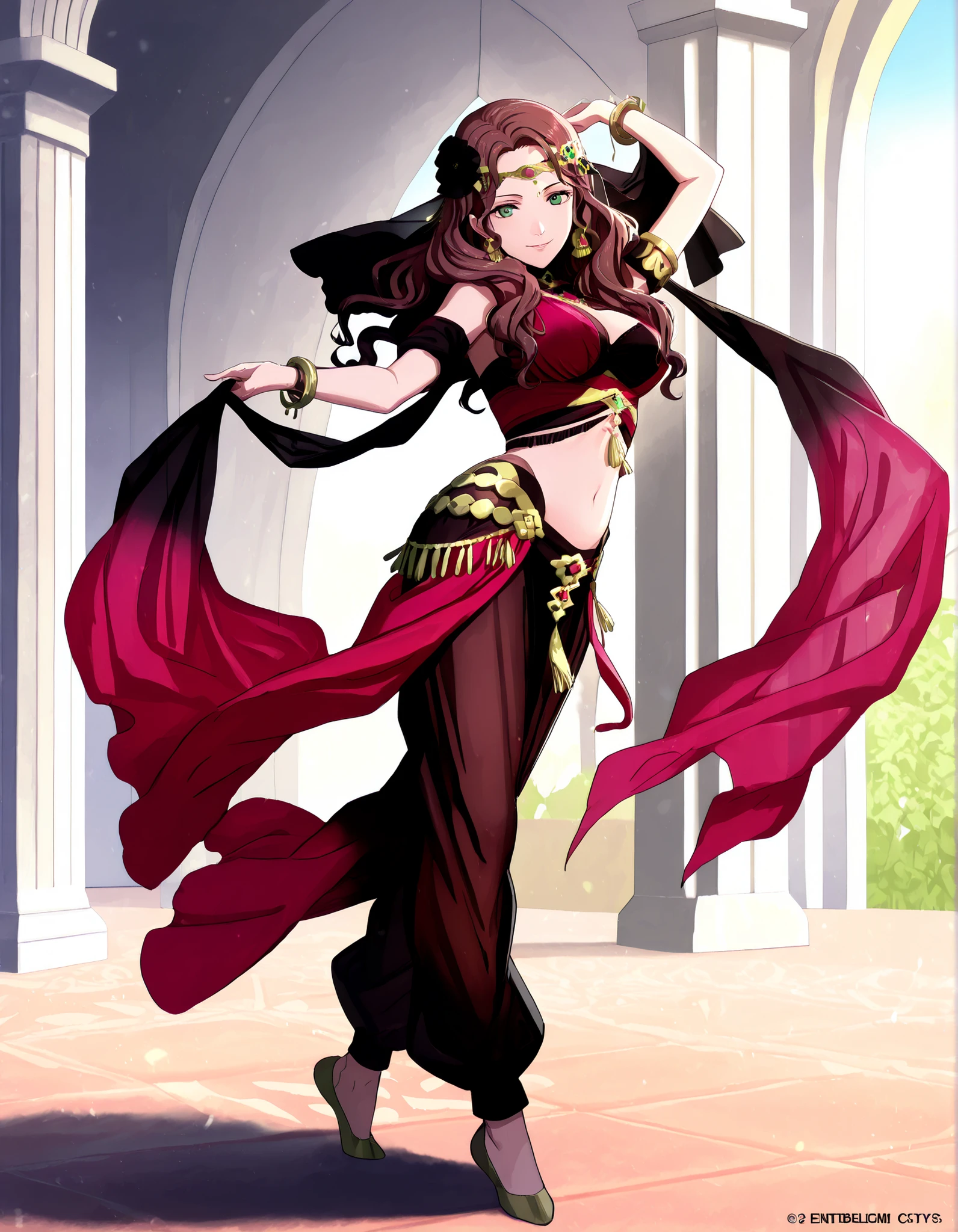 (1girl:1 . 5) , (Seul:1 . 5) , score_9 , score_8_haut , score_7_haut , source_anime , Official work , ultra-detailed , masterpiece , best quality , high resolution , beaux yeux , detailed eyes , Detailed face , beautiful detailed eyes,1girl,long hair, curly hair, brown hair, bangs, green eyes,Fire Emblem,Dorothea Arnault,Arabian Clothes , Arabian Dancer Outfit ,belly dancer costume,belly dancer outfit ,full body,golden jewelery,armlet, belly dancing,arabian garden,seductive smile, dancing with veil, dynamic movement,dance posture, seductive pose