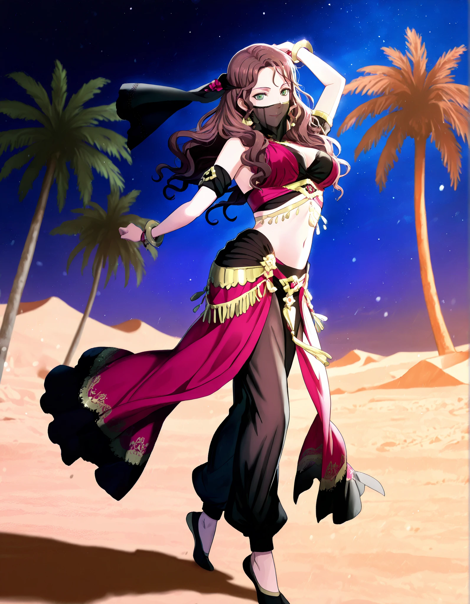 (1girl:1 . 5) , (Seul:1 . 5) , score_9 , score_8_haut , score_7_haut , source_anime , Official work , ultra-detailed , masterpiece , best quality , high resolution , beaux yeux , detailed eyes , Detailed face , beautiful detailed eyes,1girl,long hair, curly hair, brown hair, bangs, green eyes,Fire Emblem,Dorothea Arnault,Arabian Clothes , Arabian Dancer Outfit ,belly dancer costume,belly dancer outfit ,full body,golden jewelery,mouth veil,armlet, belly dancing,night,desert lands,palm tree,seductive smile, dancing with veil, dynamic movement,dance posture, seductive pose