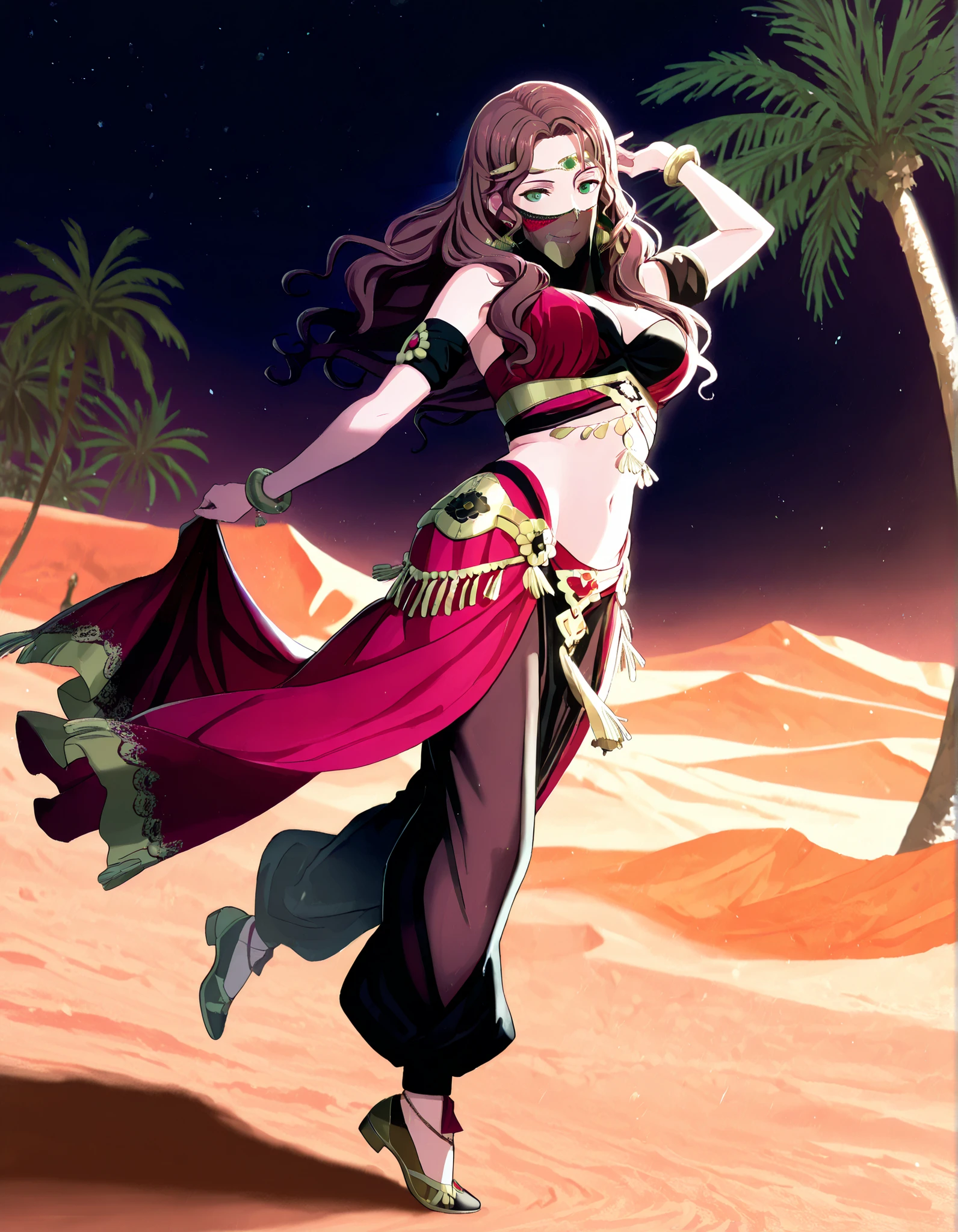 (1girl:1 . 5) , (Seul:1 . 5) , score_9 , score_8_haut , score_7_haut , source_anime , Official work , ultra-detailed , masterpiece , best quality , high resolution , beaux yeux , detailed eyes , Detailed face , beautiful detailed eyes,1girl,long hair, curly hair, brown hair, bangs, green eyes,Fire Emblem,Dorothea Arnault,Arabian Clothes , Arabian Dancer Outfit ,belly dancer costume,belly dancer outfit ,full body,golden jewelery,mouth veil,armlet, belly dancing,night,desert lands,palm tree,seductive smile, dancing with veil, dynamic movement,dance posture, seductive pose