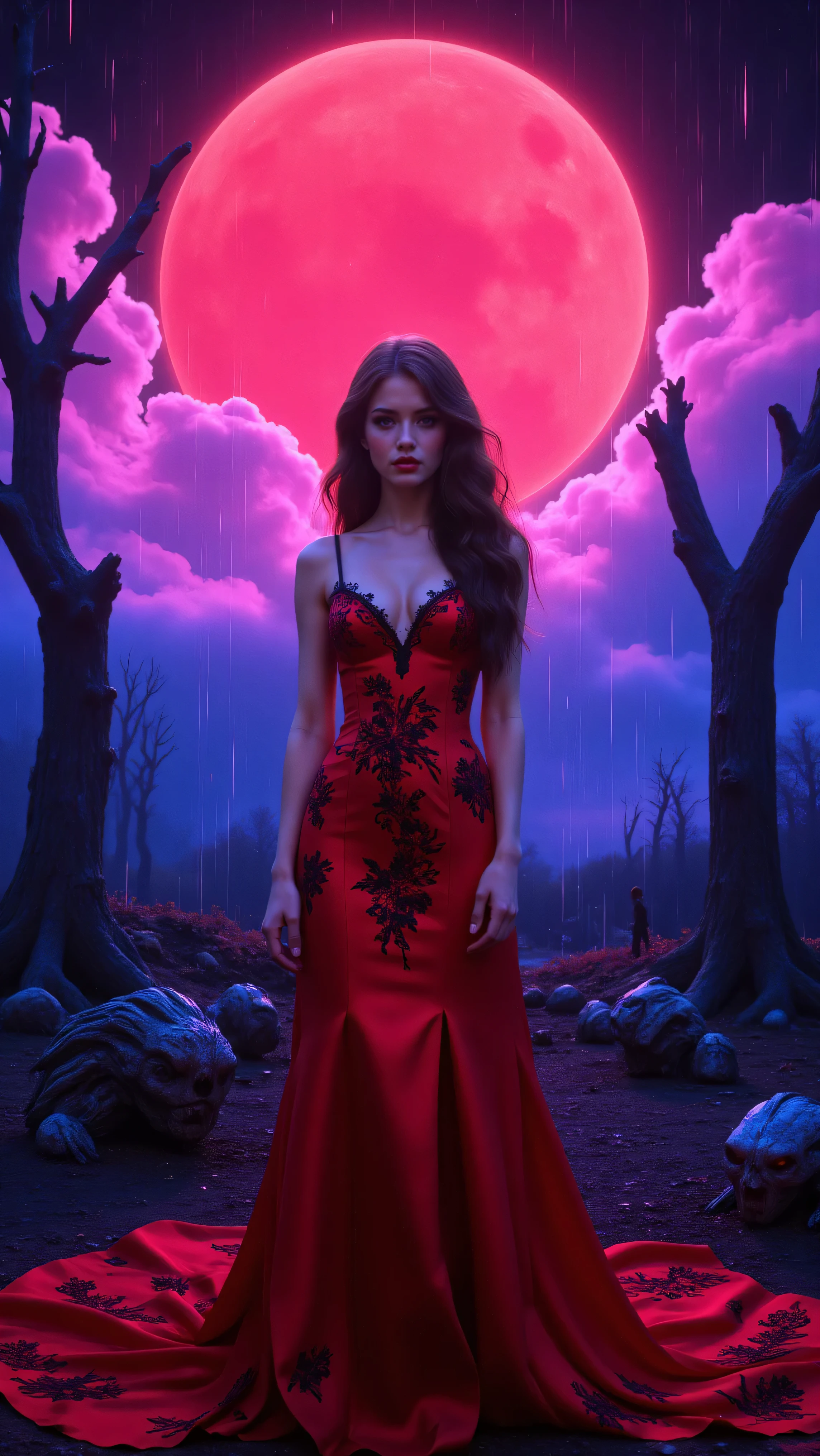 An ultraattractive young woman with very long wavy brown hair wearing a red silk mermaid-style dress with a sweeping train and black embroidered floral patterns surrounded by a circle of bright neon pink and electric blue ultra brightness that swirls around her amidst neon multicolored glitter that rains down and reflects across her dress. Old dead trees with no leaves reach up and out with bare branches that stretch in front of a large full blood moon that is a disturbing red color in a clear night's sky. Haunting dark shadows of demons can be seen hiding in deep holes in the ground behind her and off to the sides. They are menacing darkened figures with large deep-set eyes. They watch as plasma lifeforms more brave than they are float and spin around her trying to get her attention. They try to take a solid form but dissipate before they can. Ultra-realistic, photorealistic, cinematic photography, cinematic portrait, portrait photography, cinematic lighting and shadows, 8k, high-res, best quality, vivid colors, and whimsical details of the surreal atmosphere, experimental art, and extreme psychedelic psychotrance artwork, wired weirdcore, beautiful model, dramatic poses, striking presence, beautiful piercing eyes, pale skin, dark makeup, and expressive realistic facial features, intricate details of the highest quality, textured skin and hair, heavy cleavage, and deeo red and purple billowing cumulus clouds in front of the setting sun. Cinematography, Conceptual Art, Fujicolor, Super Saturated Colored clouds, and sunset.