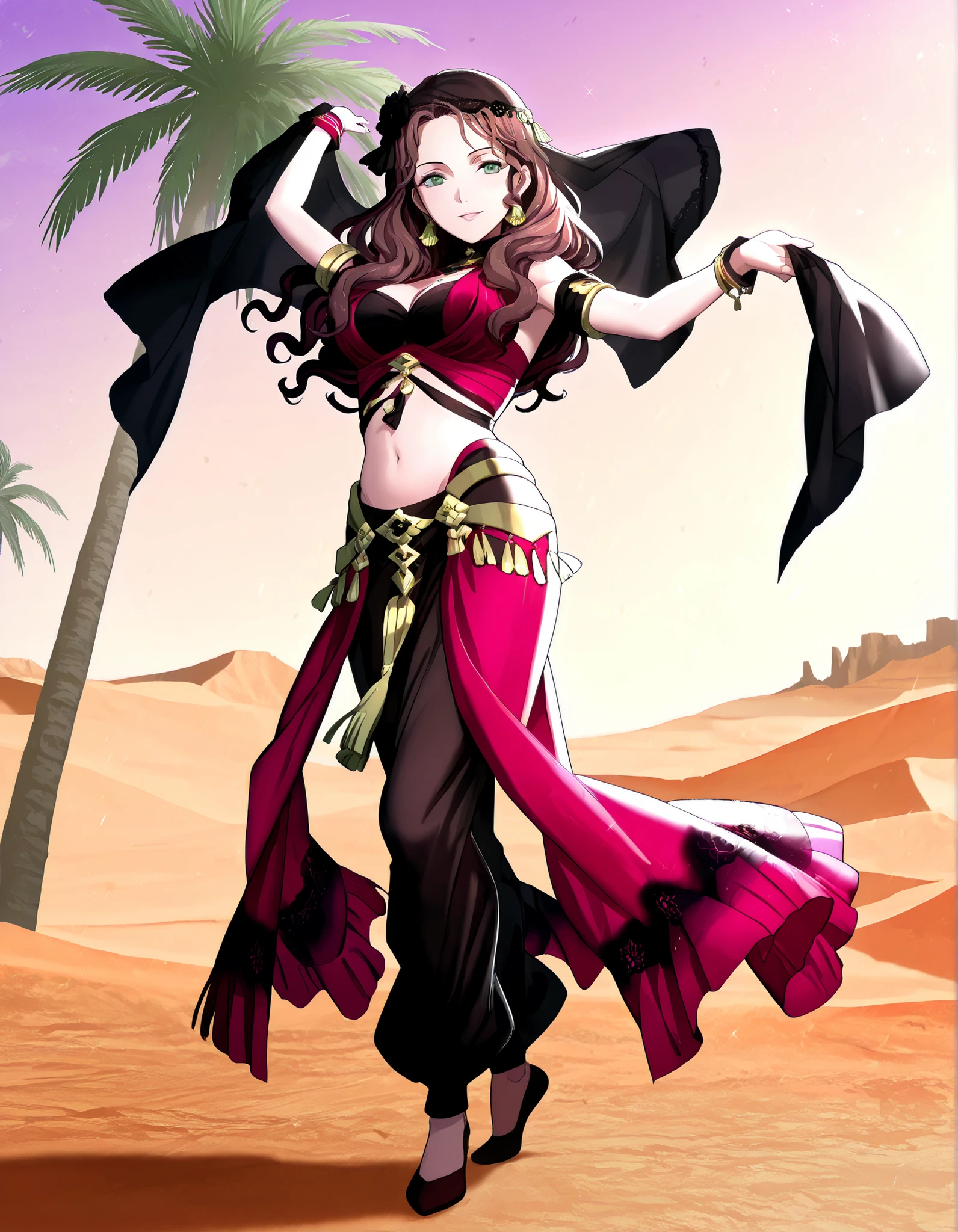 (1girl:1 . 5) , (Seul:1 . 5) , score_9 , score_8_haut , score_7_haut , source_anime , Official work , ultra-detailed , masterpiece , best quality , high resolution , beaux yeux , detailed eyes , Detailed face , beautiful detailed eyes,1girl,long hair, curly hair, brown hair, bangs, green eyes,Fire Emblem,Dorothea Arnault,Arabian Clothes , Arabian Dancer Outfit ,belly dancer costume,belly dancer outfit ,full body,golden jewelery,armlet, belly dancing,desert lands,palm tree,seductive smile, dancing with veil, dynamic movement,dance posture, seductive pose