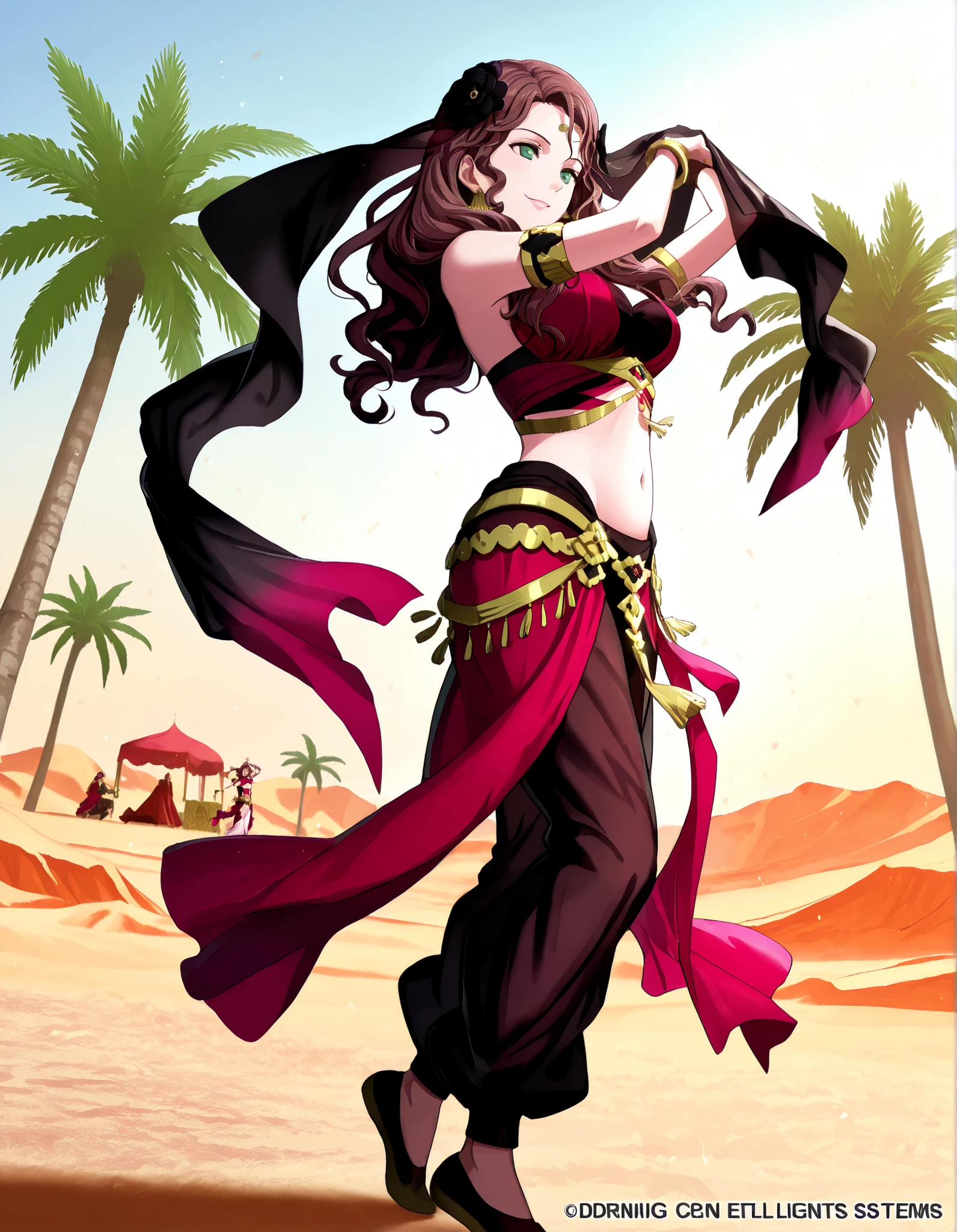 (1girl:1 . 5) , (Seul:1 . 5) , score_9 , score_8_haut , score_7_haut , source_anime , Official work , ultra-detailed , masterpiece , best quality , high resolution , beaux yeux , detailed eyes , Detailed face , beautiful detailed eyes,1girl,long hair, curly hair, brown hair, bangs, green eyes,Fire Emblem,Dorothea Arnault,Arabian Clothes , Arabian Dancer Outfit ,belly dancer costume,belly dancer outfit ,full body,golden jewelery,armlet, belly dancing,desert lands,palm tree,seductive smile, dancing with veil, dynamic movement,dance posture, seductive pose