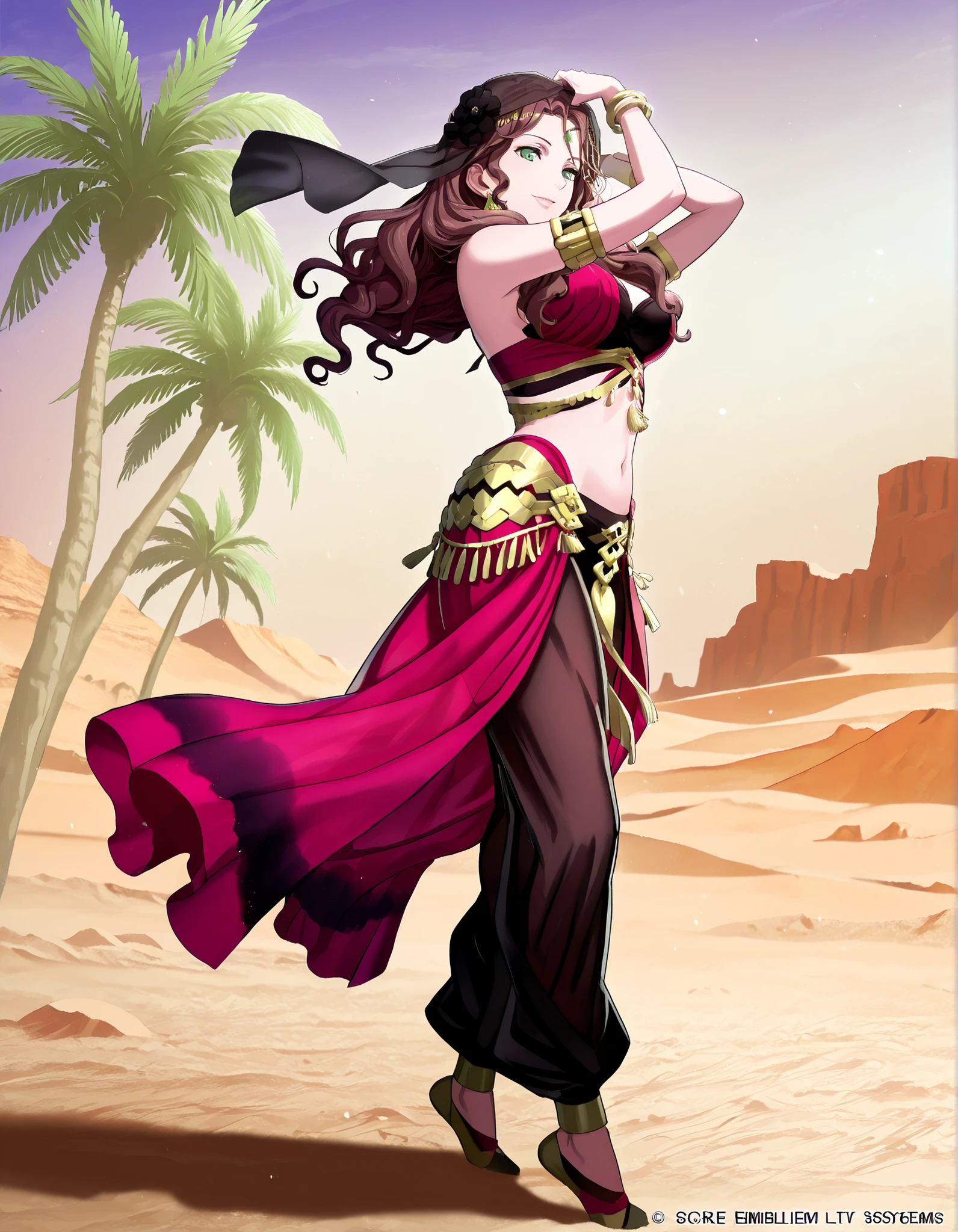 (1girl:1 . 5) , (Seul:1 . 5) , score_9 , score_8_haut , score_7_haut , source_anime , Official work , ultra-detailed , masterpiece , best quality , high resolution , beaux yeux , detailed eyes , Detailed face , beautiful detailed eyes,1girl,long hair, curly hair, brown hair, bangs, green eyes,Fire Emblem,Dorothea Arnault,Arabian Clothes , Arabian Dancer Outfit ,belly dancer costume,belly dancer outfit ,full body,golden jewelery,armlet, belly dancing,desert lands,palm tree,seductive smile, dancing with veil, dynamic movement,dance posture, seductive pose