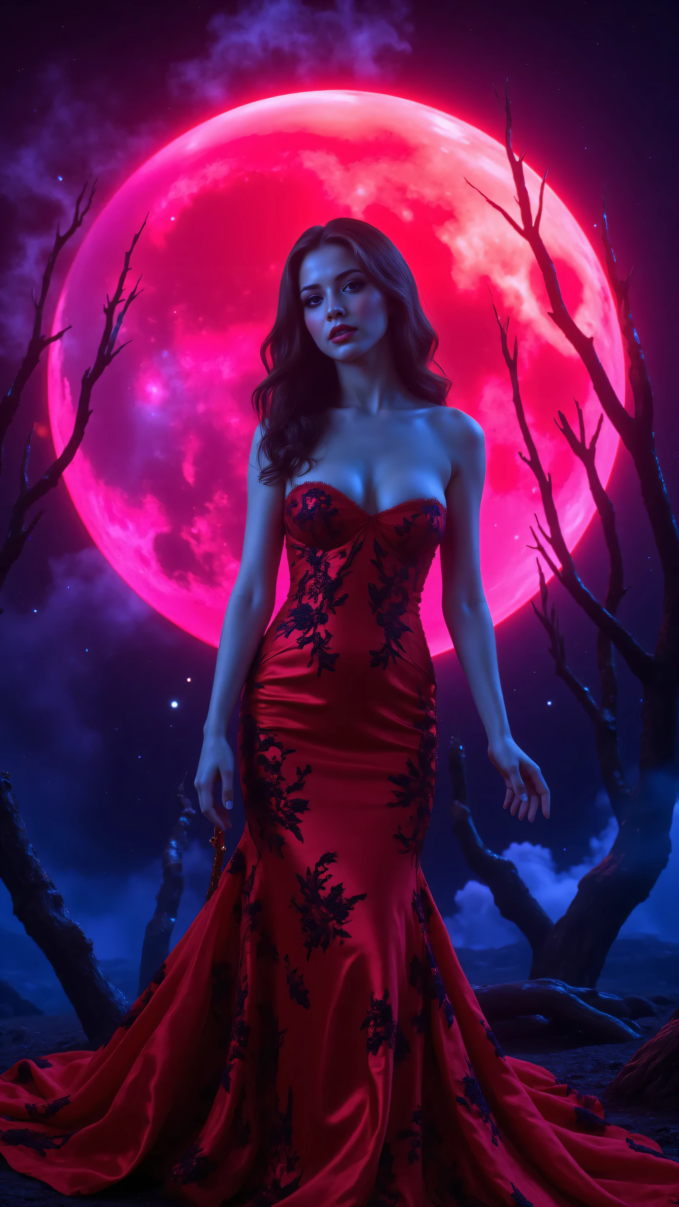An ultraattractive young woman with very long wavy brown hair wearing a red silk mermaid-style dress with a sweeping train and black embroidered floral patterns surrounded by a circle of bright neon pink and electric blue ultra brightness that swirls around her amidst neon multicolored glitter that rains down and reflects across her dress. Old dead trees with no leaves reach up and out with bare branches that stretch in front of a large full blood moon that is a disturbing red color in a clear night's sky. Haunting dark shadows of demons can be seen hiding in deep holes in the ground behind her and off to the sides. They are menacing darkened figures with large deep-set eyes. They watch as plasma lifeforms more brave than they are float and spin around her trying to get her attention. They try to take a solid form but dissipate before they can. Ultra-realistic, photorealistic, cinematic photography, cinematic portrait, portrait photography, cinematic lighting and shadows, 8k, high-res, best quality, vivid colors, and whimsical details of the surreal atmosphere, experimental art, and extreme psychedelic psychotrance artwork, wired weirdcore, beautiful model, dramatic poses, striking presence, beautiful piercing eyes, pale skin, dark makeup, and expressive realistic facial features, intricate details of the highest quality, textured skin and hair, heavy cleavage, and deeo red and purple billowing cumulus clouds in front of the setting sun. Cinematography, Conceptual Art, Fujicolor, Super Saturated Colored clouds, and sunset.