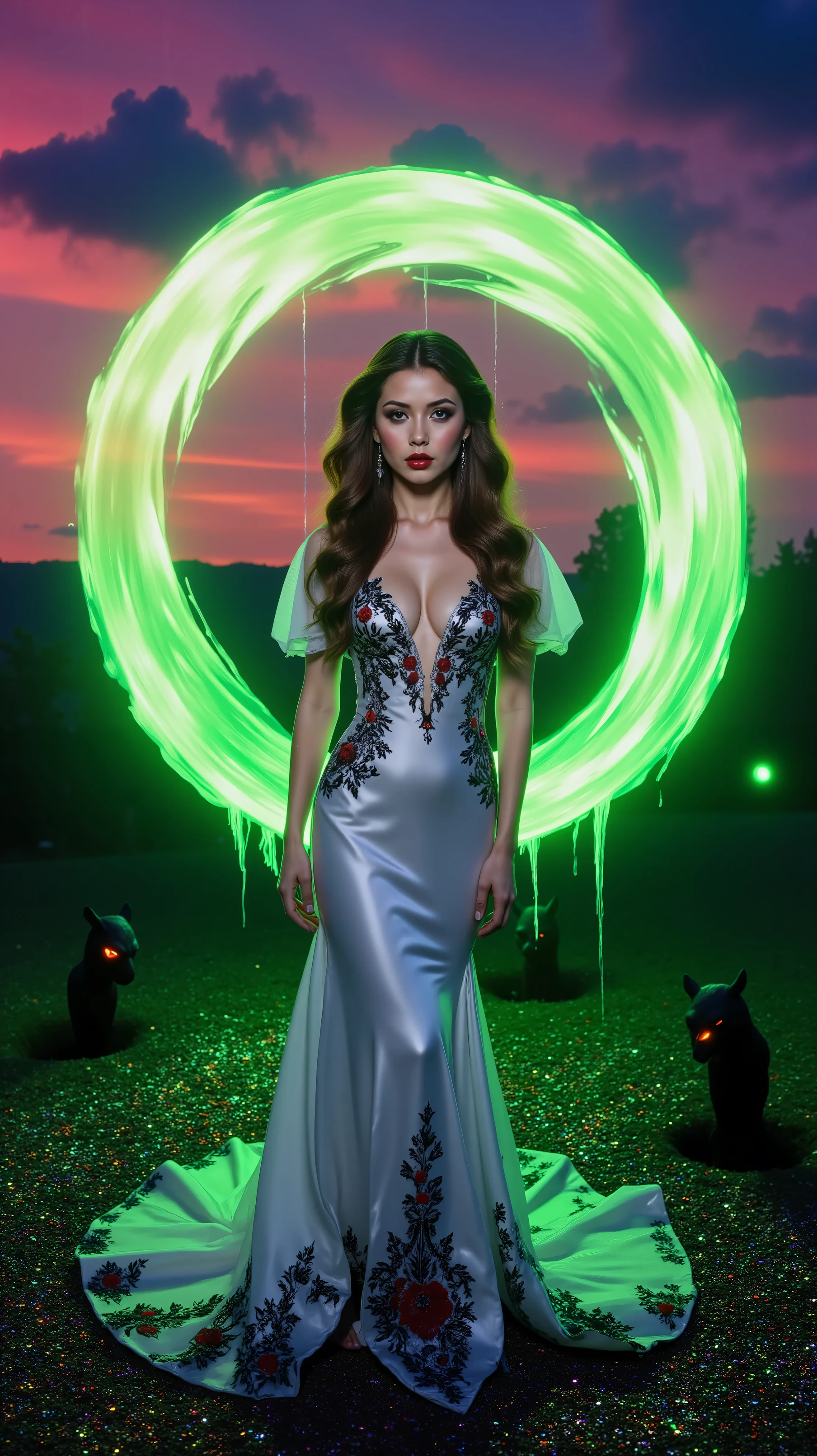 An ultraattractive young woman with very long wavy brown hair wearing a white silk mermaid-style dress with a sweeping train and black and red embroidered floral patterns surrounded by a circle of bright neon green ultra brightness that swirls around her amidst neon multicolored glitter that rains down and reflects across her and the ground. Haunting dark shadows of demons can be seen hiding in the background behind her and off to the sides. They are menacing darkened figures with deep-set eyes coming up out of holes in the ground. Ultra-realistic, photorealistic, cinematic photography, cinematic portrait, portrait photography, cinematic lighting and shadows, 8k, high-res, best quality, vivid colors, and whimsical details of the surreal atmosphere, experimental art, and extreme psychedelic psychotrance artwork, wired weirdcore, beautiful model, dramatic poses, striking presence, beautiful piercing eyes, pale skin, dark makeup, and expressive realistic facial features, intricate details of the highest quality, textured skin and hair, heavy cleavage, and deeo red and purple billowing cumulus clouds in front of the setting sun. Cinematography, Conceptual Art, Fujicolor, Super Saturated Colored clouds, and sunset.