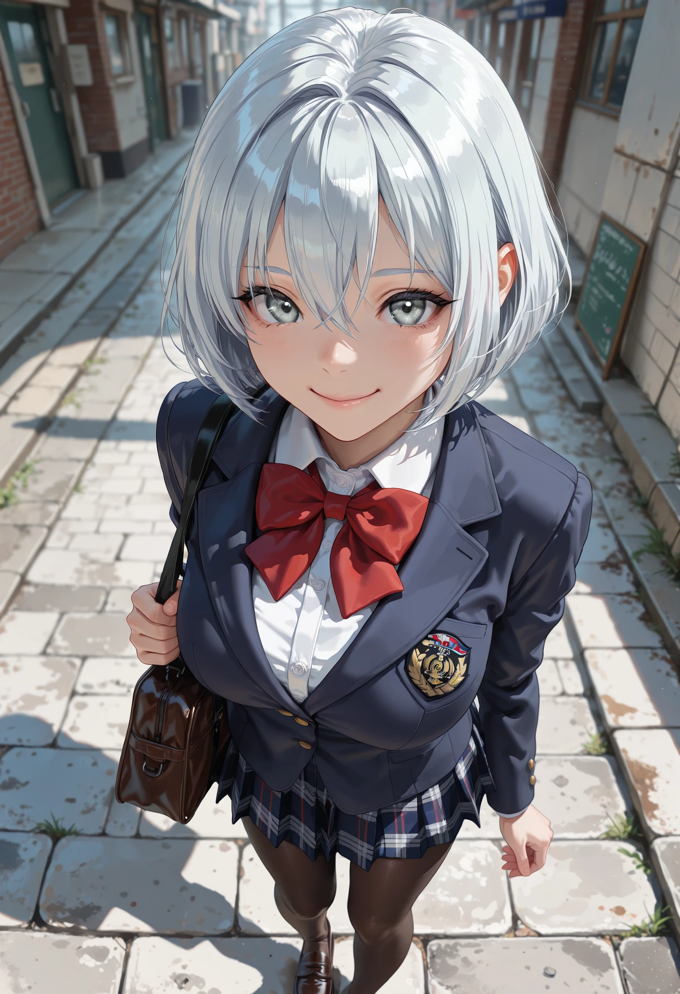 from above, cowboy shot, masterpiece, best quality, amazing quality, very aesthetic, high resolution, ultra-detailed, absurdres, newest, scenery, BREAK, depth of field, volumetric lighting, (masterpiece, best quality, absurdres, detailed,perfect quality, amazing quality, very aesthetic, absurdres, newest, ultra-detailed:1.2), extremely detailed, modern, very awa, crisp, sharp, beautiful eyes, fine textures, clean skin, 1girl, 18yo, BREAK ((silver hair:1.5),bob cut, bang between eyes), ((glossy silver eyes:1.5)), (cute eyes, tareme, twinkle eyes), (large breasts), cute face, beautiful face, pretty face, beautiful, good anatomy, long eyelashes, expressive eyes, Perfect Hands, happy, one eye close, smile, glossy lips, perfecteyes, BREAK 1girl, wearing trench coat over a blazer and knit vest style school uniform, two-piece layered tops, (wear a navy blazer jacket) over a (white collared-shirt:0.5), Layering, separating a long sleeved navy blazer jacket and white collared-shirt, (outerwear is navy blazer jacket), navy long sleeves, innerwear is white collar exposed from V-neckline, outer jacket is navy, (white collared-shirt:0.5) with big red ribbon bow on neck, only exposed dark-navy plaid skirt-hem, navy pleated mini skirt, ((dark-brown pantyhose, loafers):1.2), brown loafers, (holding one black school bag), BREAK 1girl, morning, rainy, street, a cute anime girl, (dynamic posing:1.2), BREAK soft lighting, (masterpiece, best quality), (cute, 8K, perfect lighting, perfect anatomy), absurdres, (best quality), (ultra-detailed:1.2), high res, very aesthetic, ultra-detailed, cinematic, masterpiece, best quality, sharp outline, detailed eyes, high gradient eyes, high definition eyes