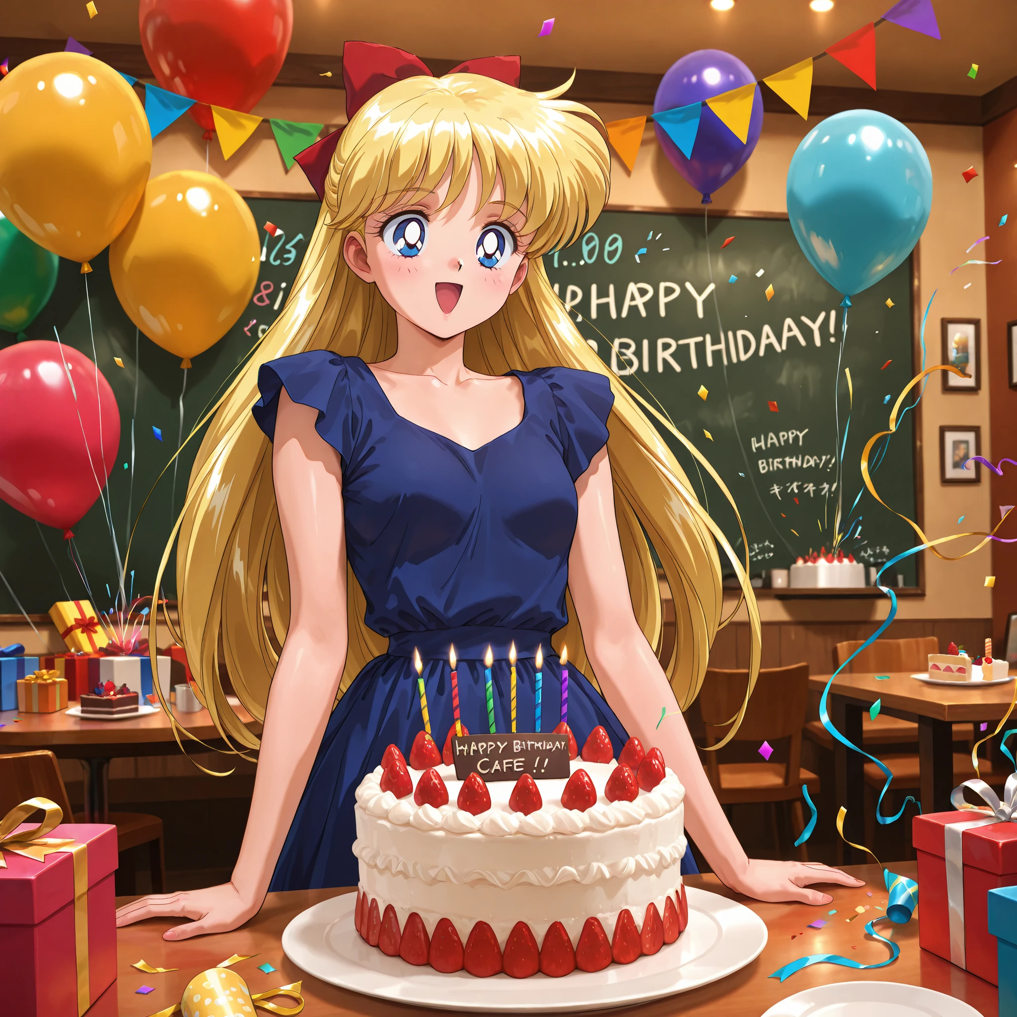 masterpiece, amazing quality, best quality, ultra-detailed, 8K, illustration, ultra-detailed-eyes, soft skin, very awa, very as2, soft body, 1990s \(style\), official art, ainominako, blonde hair, blue eyes, hair bow, half updo, long hair, small breasts, open mouth happy, casual blue dress, birthday cake, confetti, indoors, food, balloon, string of flags, table, happy birthday, gift box, party popper, solo, 1girl, cafe background