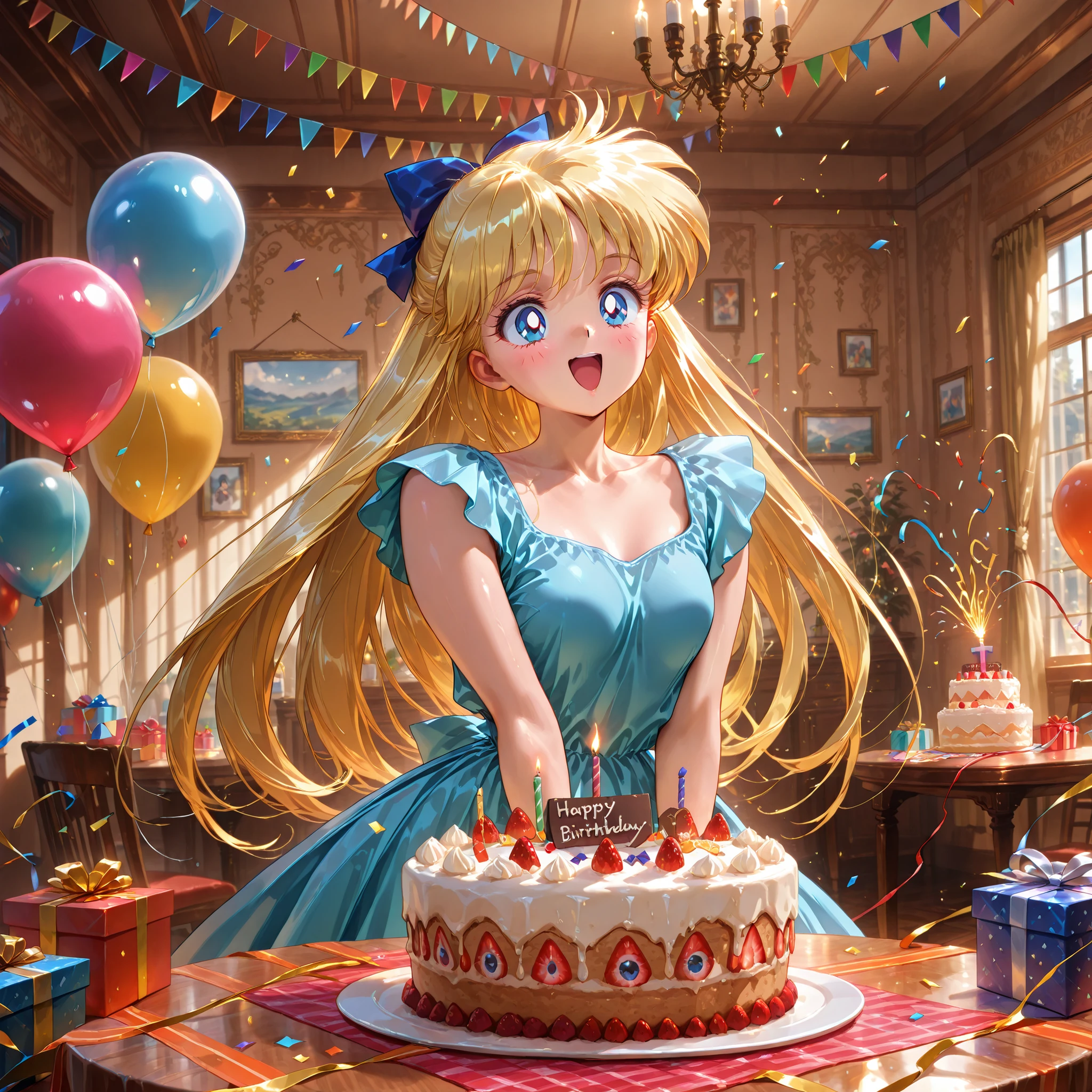 masterpiece, amazing quality, best quality, ultra-detailed, 8K, illustration, ultra-detailed-eyes, soft skin, very awa, very as2, soft body, 1990s \(style\), official art, ainominako, blonde hair, blue eyes, hair bow, half updo, long hair, small breasts, open mouth happy, casual blue dress, birthday cake, confetti, indoors, food, balloon, string of flags, table, happy birthday, gift box, party popper, solo, 1girl