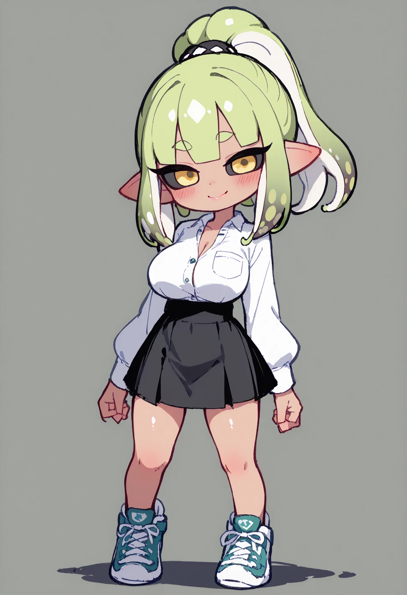 nsfw、masterpiece、high resolution、Highest Quality、Slightly strong contrast、realistic with a full body crouching、deformed、1 Cute Splatoon Girl、Inkling、Full Body、detailed face、beautiful faces、Big, Cute Eyes、black sclera、beautiful eyes、golden eyes、long lashes、plump lips、Rouge、Blush、Slightly Smiling、long tentacle hair 、dark green hair、ponytail、very large breasts、cleavage:2.5、Open Front Clothes、with the shoulders sticking out、revealing street clothes、Exposing Clothes、thin waist、buttock、Low Rise Micro Mini Skirt、cute dynamic Chuck Pose、sexy、Thick Soled Sneakers、splatofficial、 chibi、psg_style、