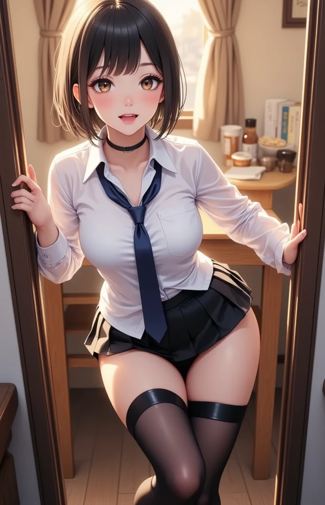 (masterpiece, best quality, ultra-detailed, ultra-HD, photorealistic, cinematic), (Ochako Uraraka of My Hero Academia anime), perfect body, perfect face, perfect hands, delicate face, (large cleavage:1.5), (round ass), (long round legs), (wide shot, full body view:1.5), short girl with a curvy figure, fair skin, and auburn hair with eyes that match in color, perpetual pink blush on her cheeks, large and round eyes with thick upper lashes, detailed pupils, two more extended and more prominent ones on either side and fewer but more individually pronounced lower lashes, shoulder-length hair with short bangs, bobbed cut hairstyle with two long strands framing her face, (slightly parted lips, nude lips), (wears the regular U.A. uniform for female students, topped with a gray dress jacket, two teal stripes, two pockets with folds, and two golden buttons), (wears a white dress shirt, a red tie with a small, golden button, and a teal pleated skirt), (wears brown dress shoes and black leggings instead of the usual knee-high socks)