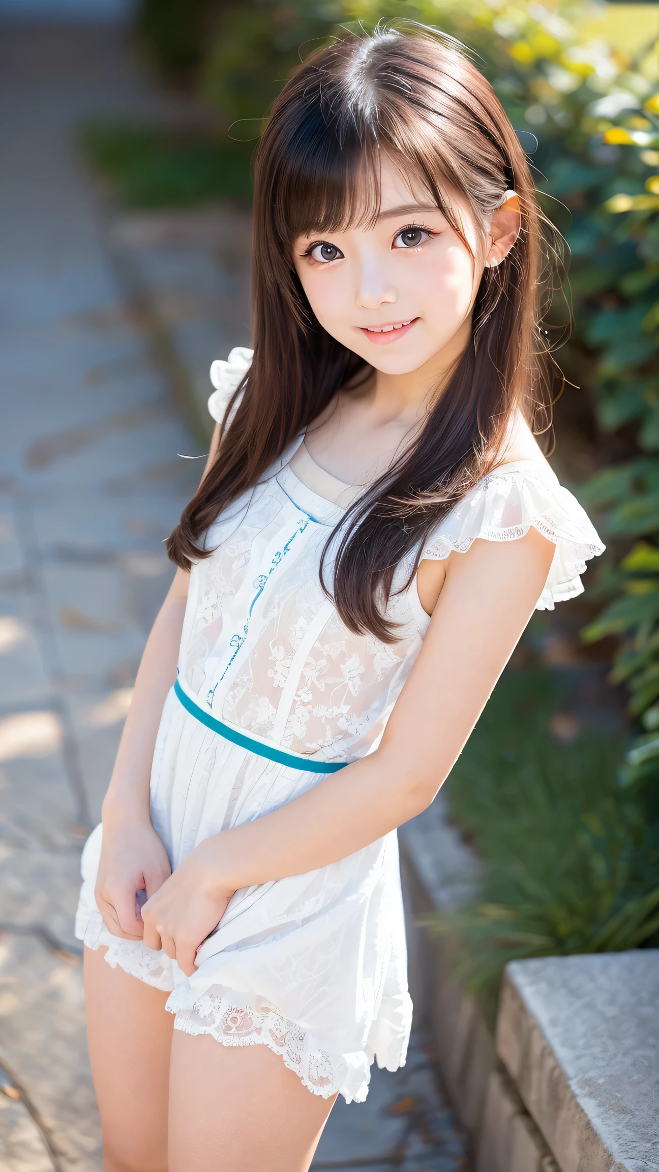 (Highest Quality、masterpiece、super high resolution on a pile、(photorealistic:1.4)、Raw Photos、depth of field、professional lighting、perfect anatomy、in en very detailed)、((from below、VERY LOW ANGLE SHOT、 Sunny、Clear Day、looking down at the viewer))、1 girl、full body、most famous Japanese idol、Wear a cute lace miniskirt dress made of white thin fabric、wide open chest,Small Boobs,Beautiful Breasts,erect nipples,seductive thighs,cute summer sandals,(((jump)))、innocent smile、(Very cute and very realistic face like the most popular Japanese idol、((VERY CUTE AND VERY REAL BIG EYES))、VERY CUTE VERY REAL HAIR),hair bow)、(((VERY CUTE VERY REAL SKIN)))、dynamic pose