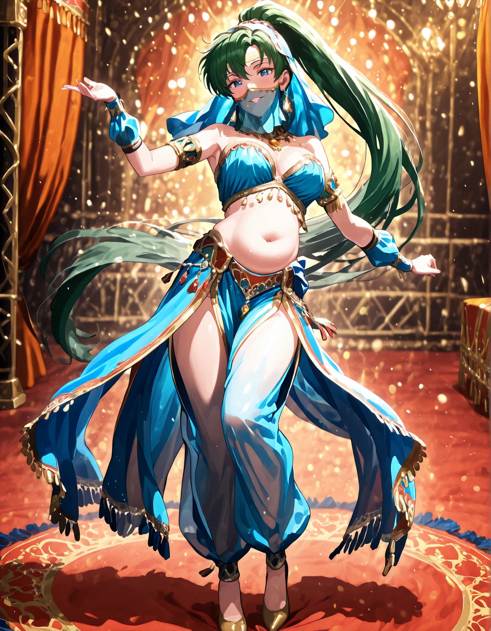 (1girl:1 . 5) , (Seul:1 . 5) , score_9 , score_8_haut , score_7_haut , source_anime , Official work , ultra-detailed , masterpiece , best quality , high resolution , beaux yeux , detailed eyes , Detailed face , beautiful detailed eyes,1girl,green hair, very long hair, high ponytail, blue eyes,Fire Emblem,Lyn,Arabian Clothes , Arabian Dancer Outfit ,belly dancer costume,belly dancer outfit ,full body,golden jewelery,mouth veil,armlet, belly dancing,arabian theater,seductive smile, dancing with veil, dynamic movement,dance posture, seductive pose