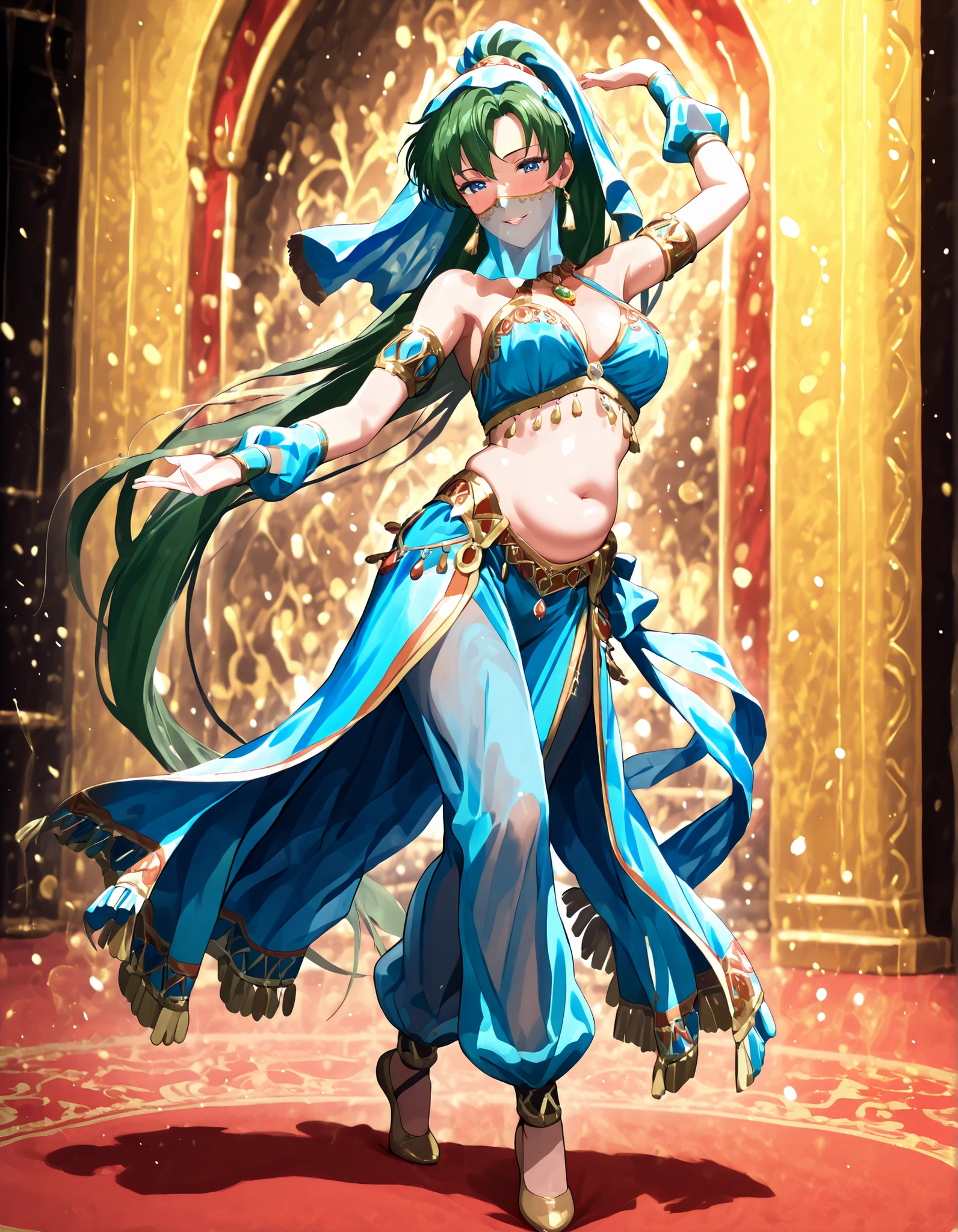 (1girl:1 . 5) , (Seul:1 . 5) , score_9 , score_8_haut , score_7_haut , source_anime , Official work  , ultra-detailed , masterpiece , best quality , high resolution , beaux yeux , detailed eyes , Detailed face , beautiful detailed eyes,1girl,green hair, very long hair, high ponytail, blue eyes,Fire Emblem,Lyn,Arabian Clothes , Arabian Dancer Outfit ,belly dancer costume,belly dancer outfit ,full body,golden jewelery,mouth veil,armlet, belly dancing,arabian theater,seductive smile, dancing with veil, dynamic movement,dance posture, seductive pose