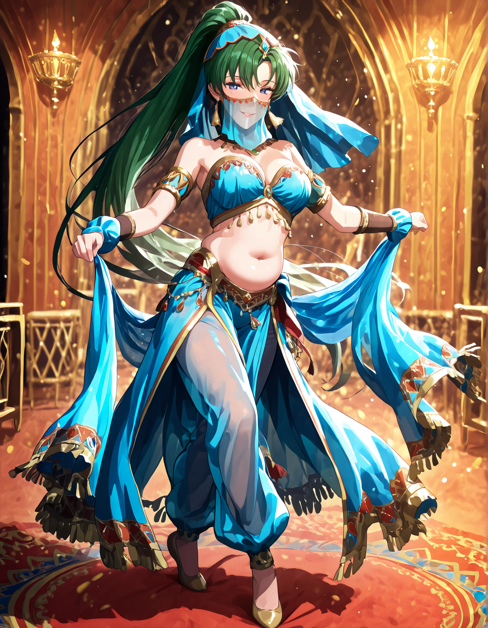(1girl:1 . 5) , (Seul:1 . 5) , score_9 , score_8_haut , score_7_haut , source_anime , Official work  , ultra-detailed , masterpiece , best quality , high resolution , beaux yeux , detailed eyes , Detailed face , beautiful detailed eyes,1girl,green hair, very long hair, high ponytail, blue eyes,Fire Emblem,Lyn,Arabian Clothes , Arabian Dancer Outfit ,belly dancer costume,belly dancer outfit ,full body,golden jewelery,mouth veil,armlet, belly dancing,arabian theater,seductive smile, dancing with veil, dynamic movement,dance posture, seductive pose