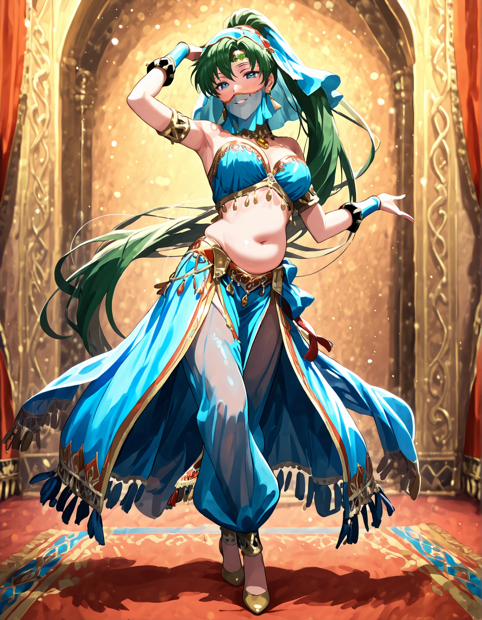 (1girl:1 . 5) , (Seul:1 . 5) , score_9 , score_8_haut , score_7_haut , source_anime , Official work , ultra-detailed , masterpiece , best quality , high resolution , beaux yeux , detailed eyes , Detailed face , beautiful detailed eyes,1girl,green hair, very long hair, high ponytail, blue eyes,Fire Emblem,Lyn,Arabian Clothes , Arabian Dancer Outfit ,belly dancer costume,belly dancer outfit ,full body,golden jewelery,mouth veil,armlet, belly dancing,arabian theater,seductive smile, dancing with veil, dynamic movement,dance posture, seductive pose