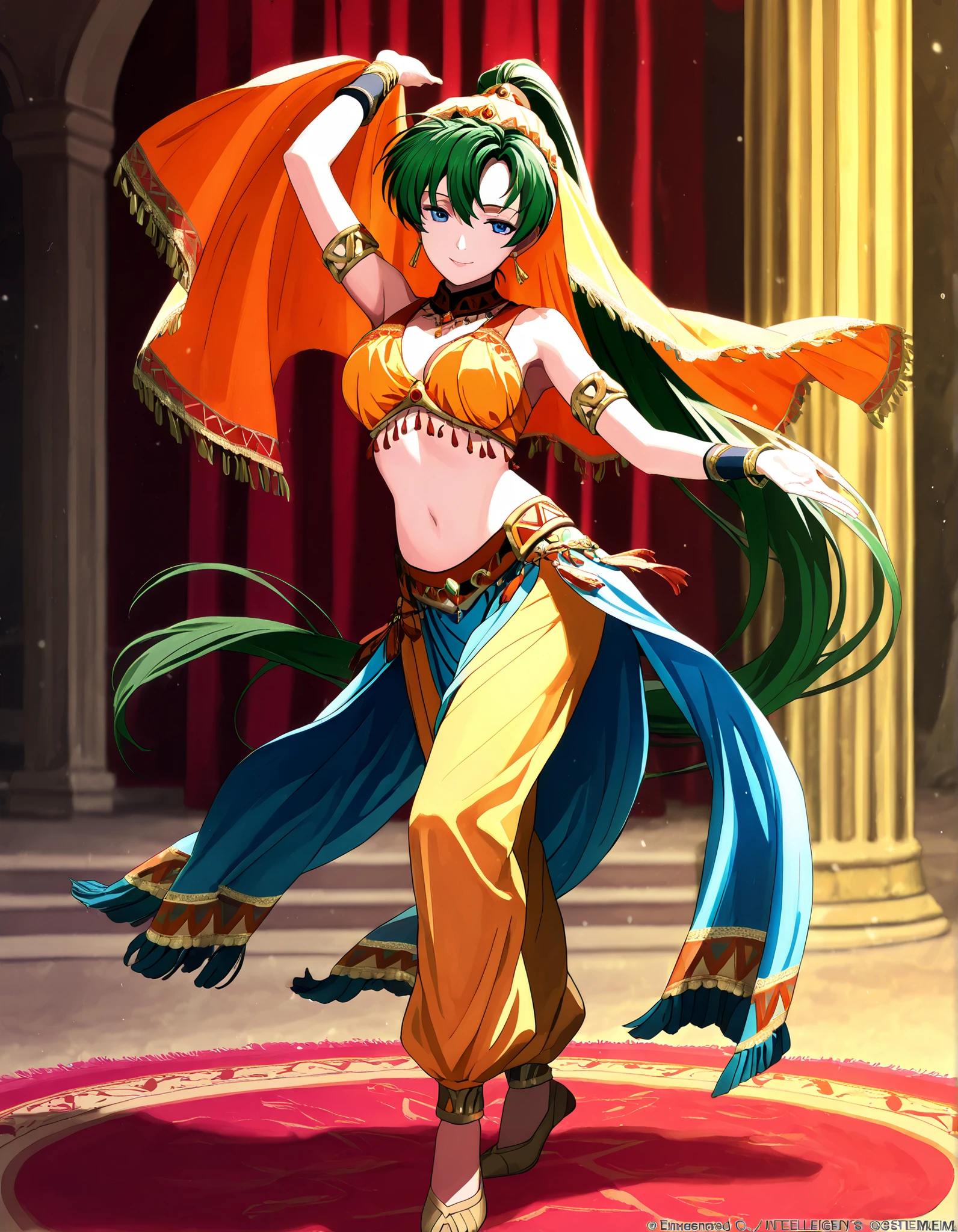 (1girl:1 . 5) , (Seul:1 . 5) , score_9 , score_8_haut , score_7_haut , source_anime , Official work , ultra-detailed , masterpiece , best quality , high resolution , beaux yeux , detailed eyes , Detailed face , beautiful detailed eyes,1girl,green hair, very long hair, high ponytail, blue eyes,Fire Emblem,Lyn,Arabian Clothes , Arabian Dancer Outfit ,belly dancer costume,belly dancer outfit ,full body,golden jewelery,armlet, belly dancing,arabian theater,seductive smile, dancing with veil, dynamic movement,dance posture, pose