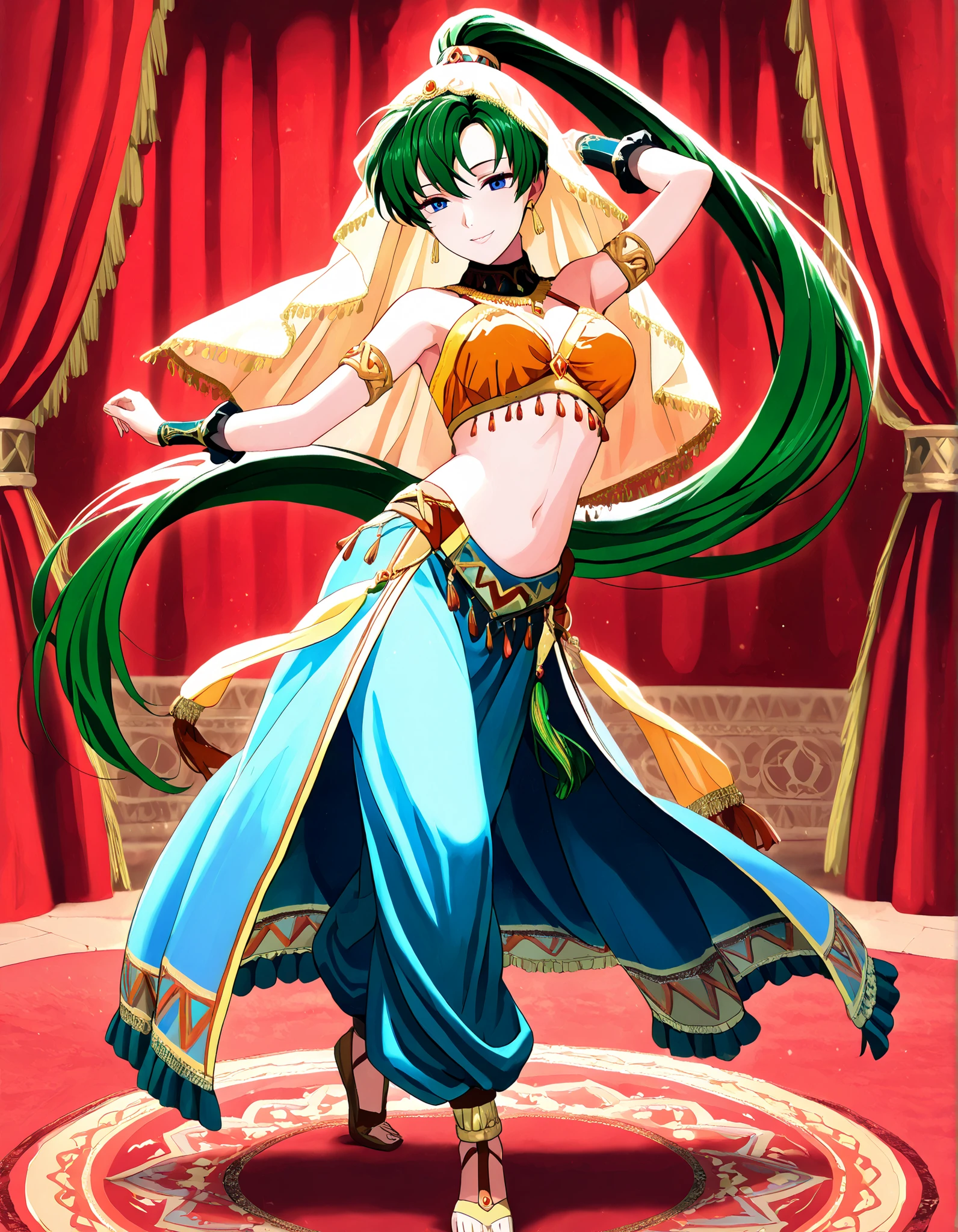 (1girl:1 . 5) , (Seul:1 . 5) , score_9 , score_8_haut , score_7_haut , source_anime , Official work , ultra-detailed , masterpiece , best quality , high resolution , beaux yeux , detailed eyes , Detailed face , beautiful detailed eyes,1girl,green hair, very long hair, high ponytail, blue eyes,Fire Emblem,Lyn,Arabian Clothes , Arabian Dancer Outfit ,belly dancer costume,belly dancer outfit ,full body,golden jewelery,armlet, belly dancing,arabian theater,seductive smile, dancing with veil, dynamic movement,dance posture, pose