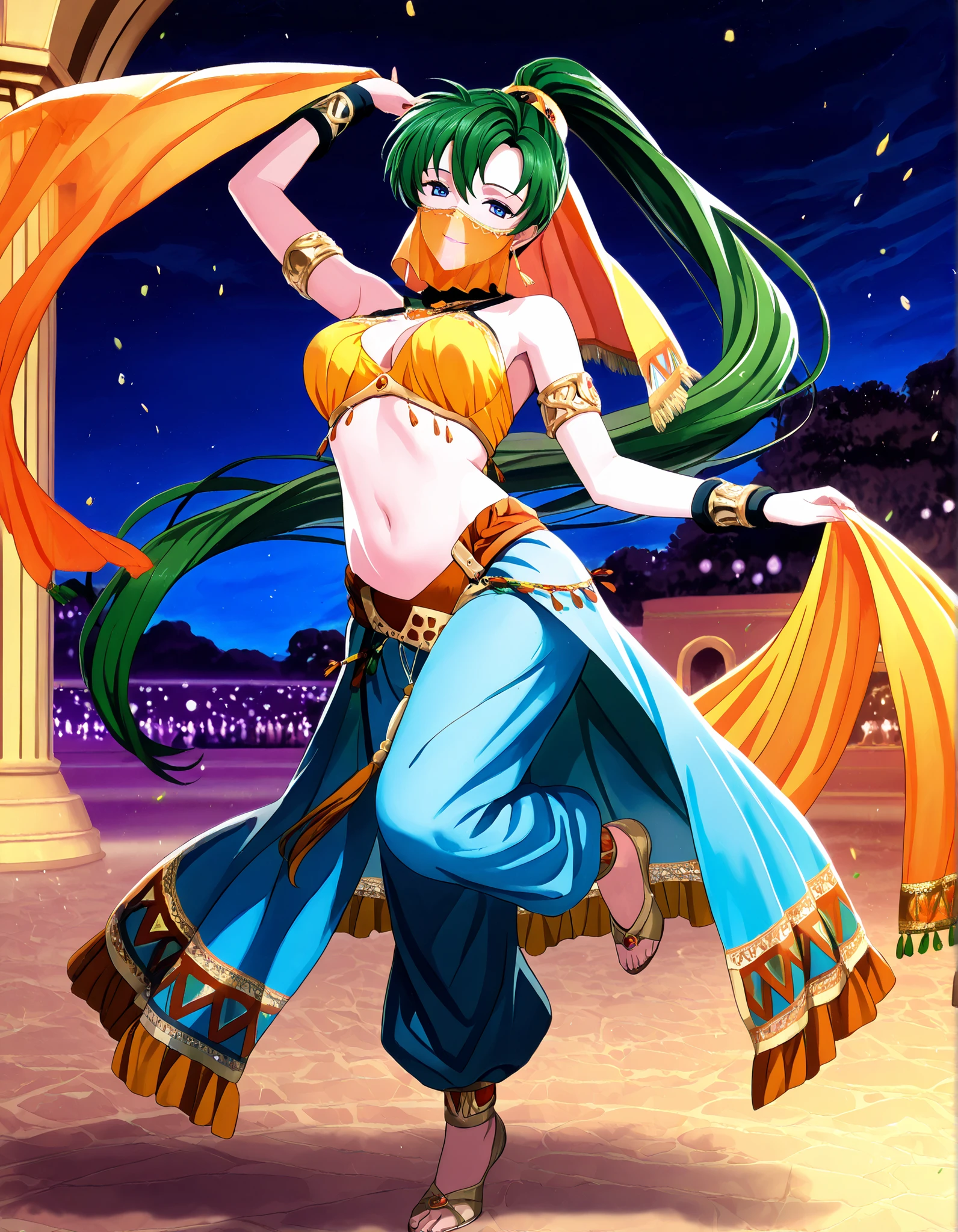 (1girl:1 . 5) , (Seul:1 . 5) , score_9 , score_8_haut , score_7_haut , source_anime , Official work  , ultra-detailed , masterpiece , best quality , high resolution , beaux yeux , detailed eyes , Detailed face , beautiful detailed eyes,1girl,green hair, very long hair, high ponytail, blue eyes,Fire Emblem,Lyn,Arabian Clothes , Arabian Dancer Outfit ,belly dancer costume,belly dancer outfit ,full body,golden jewelery,mouth veil,armlet, belly dancing,night,arabian garden,seductive smile, dancing with veil, dynamic movement,dance posture,  pose