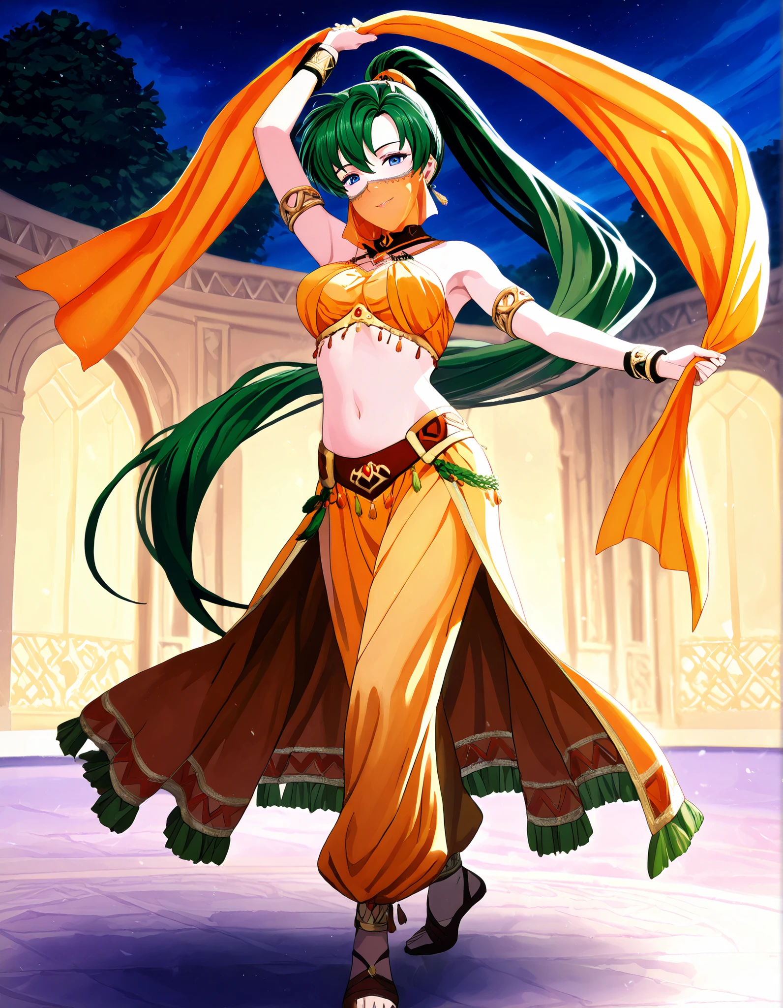 (1girl:1 . 5) , (Seul:1 . 5) , score_9 , score_8_haut , score_7_haut , source_anime , Official work , ultra-detailed , masterpiece , best quality , high resolution , beaux yeux , detailed eyes , Detailed face , beautiful detailed eyes,1girl,green hair, very long hair, high ponytail, blue eyes,Fire Emblem,Lyn,Arabian Clothes , Arabian Dancer Outfit ,belly dancer costume,belly dancer outfit ,full body,golden jewelery,mouth veil,armlet, belly dancing,night,arabian garden,seductive smile, dancing with veil, dynamic movement,dance posture, pose
