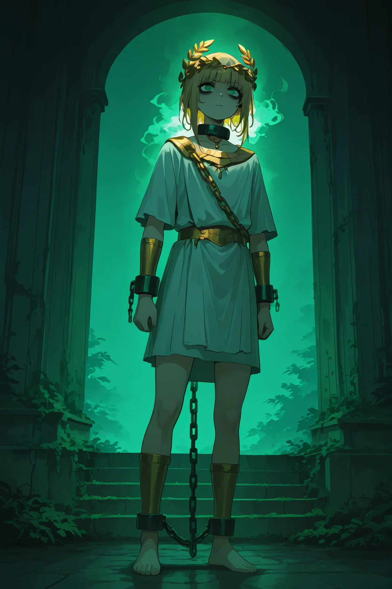 (LeIsT0_illu,) Ancient greek God, middle-edged man (male character). He has tall mighty broad-shouldered body shape with masculine features. He has metallic gold skintone. (He chained with white chains.) He has green eyes that glow like emeralds. He has black leaking black mascara under his eyes. He wears a wreath of scarlet laurel crown on his head. He has wavy LONG golden hairstyle floating in the air. He wearing a  scarlet red Greek toga (greco-roman tunic) with gold embroidery. He's barefoot. (On the background: an overgrown ancient Greek temple)