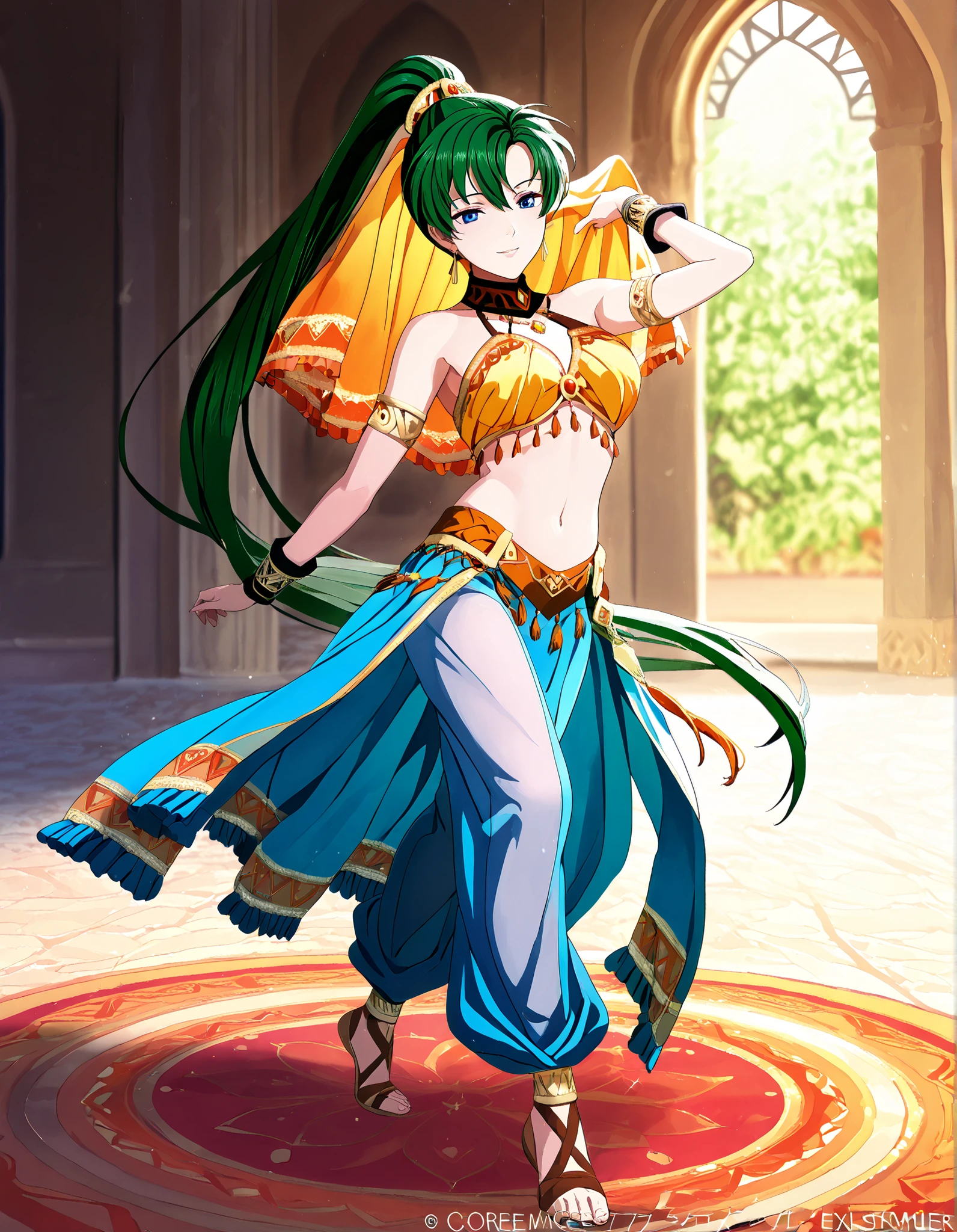 (1girl:1 . 5) , (Seul:1 . 5) , score_9 , score_8_haut , score_7_haut , source_anime , Official work  , ultra-detailed , masterpiece , best quality , high resolution , beaux yeux , detailed eyes , Detailed face , beautiful detailed eyes,1girl,green hair, very long hair, high ponytail, blue eyes,Fire Emblem,Lyn,Arabian Clothes , Arabian Dancer Outfit ,belly dancer costume,belly dancer outfit ,full body,golden jewelery,armlet, belly dancing,arabian garden,seductive smile, dancing with veil, dynamic movement,dance posture,  pose