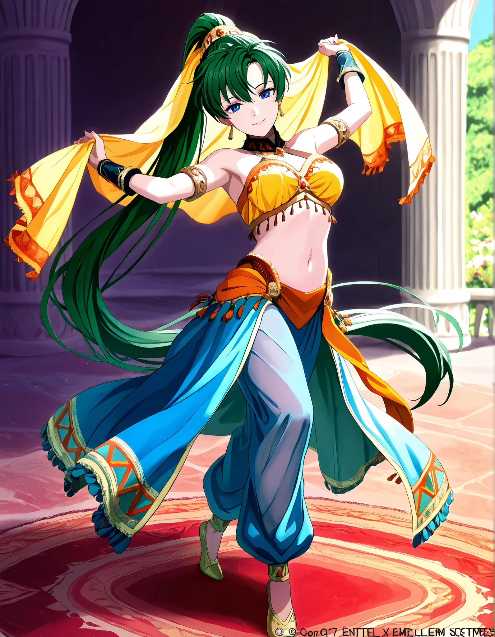 (1girl:1 . 5) , (Seul:1 . 5) , score_9 , score_8_haut , score_7_haut , source_anime , Official work  , ultra-detailed , masterpiece , best quality , high resolution , beaux yeux , detailed eyes , Detailed face , beautiful detailed eyes,1girl,green hair, very long hair, high ponytail, blue eyes,Fire Emblem,Lyn,Arabian Clothes , Arabian Dancer Outfit ,belly dancer costume,belly dancer outfit ,full body,golden jewelery,armlet, belly dancing,arabian garden,seductive smile, dancing with veil, dynamic movement,dance posture,  pose