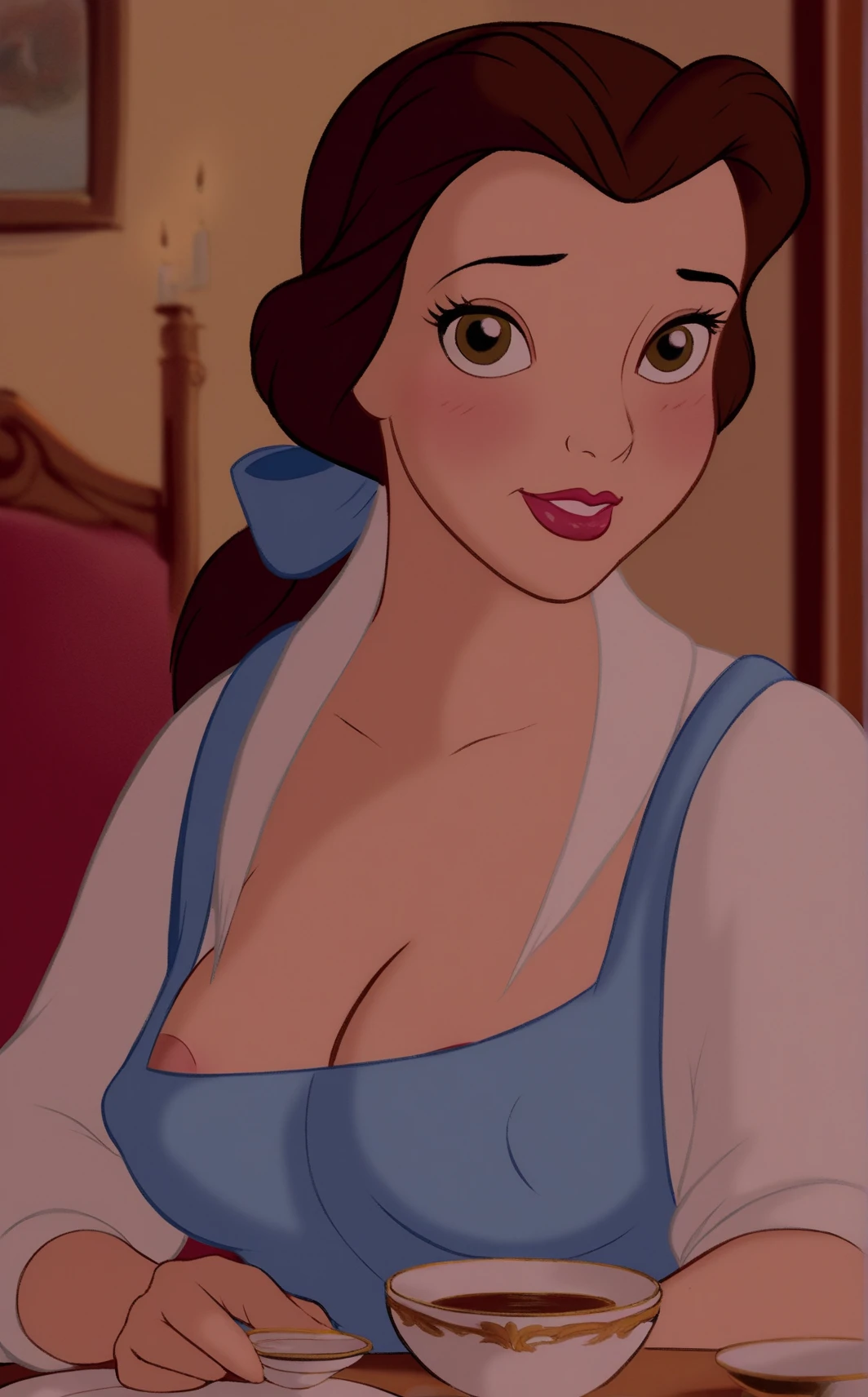 cinematic film still of  <lora:belle91 v1:0.8>
Digital style, belle91 a cartoon sad teeth grin teary eyes naked young woman with a very sad face, perfect image, perfect body, perfect anatomy, sharp image, detailed image, high quality photography, dramatic light style, cinematic background, cinematic contrast, cinematic saturation, cinematic film photography style, belle91 style, long hair, breasts, brown hair, bow, medium breasts, brown eyes, nipples, collarbone, upper body, ponytail, hetero, hair bow, sweat, nude, small breasts, teeth, solo focus, tears, completely nude, makeup, pov, blue bow, arms behind back, crying, looking up, clenched teeth, crying with eyes open, hand on another's head, runny makeup, black tear drop, shallow depth of field, vignette, highly detailed, high budget, bokeh, cinemascope, moody, epic, gorgeous, film grain, grainy